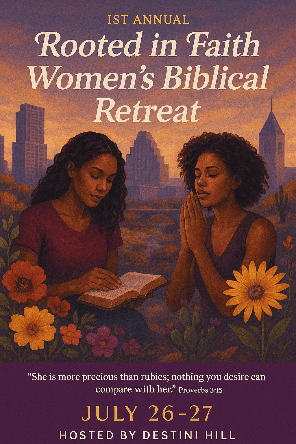 Two women with closed eyes and hands in prayer, surrounded by flowers, with city skyline in background, promoting women's biblical retreat.