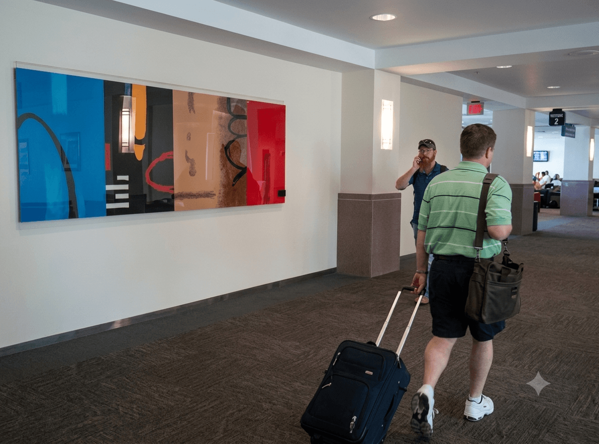 Two men in an airport corridor, one with a rolling suitcase, the other talking on a phone, colorful artwork on wall.