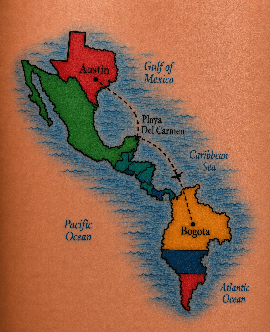 Map of Mexico showing Austin, Playa del Carmen, and Bogota with surrounding bodies of water.
