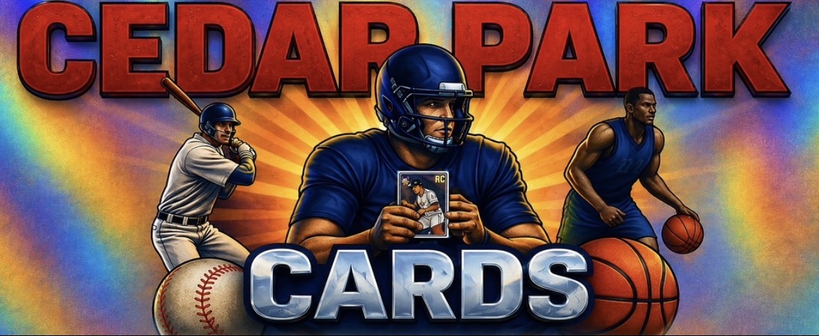 Colorful background with three people playing sports and the text 'Cedar Park Cards'.