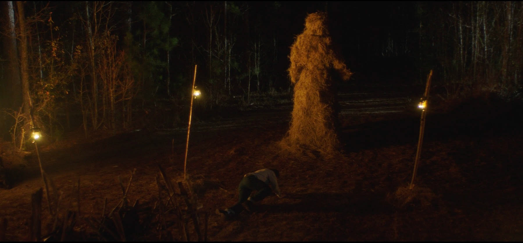 Nighttime scene with a person crouching near a large bush, illuminated by three lights, with trees in the background.