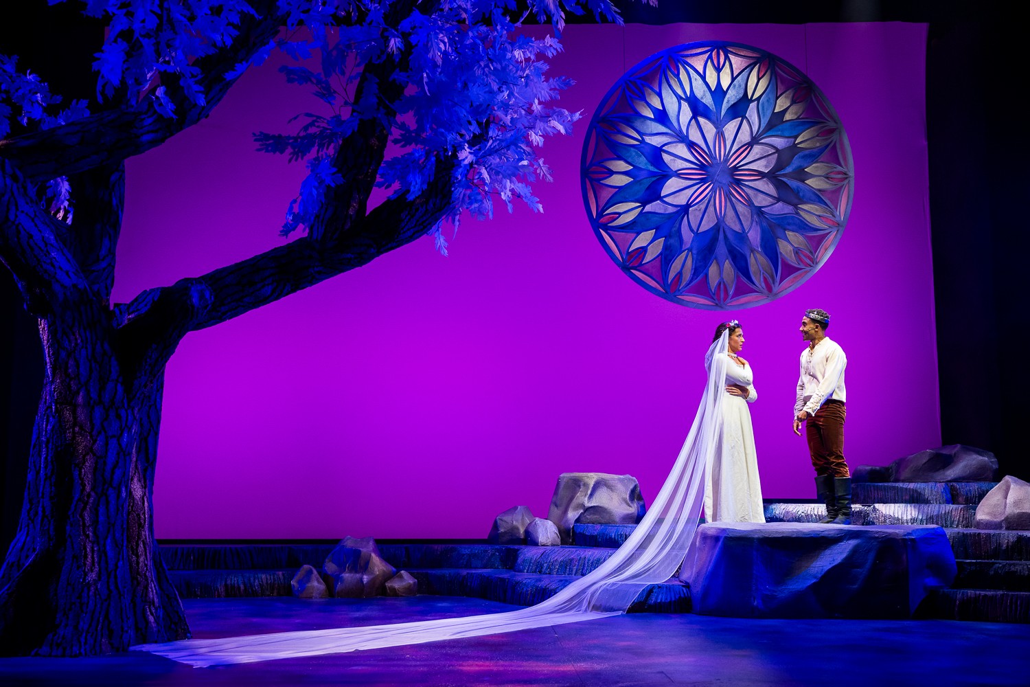 Two people in wedding attire stand on a stage with a purple background, a large circular stained glass window, and a tree in the scene.