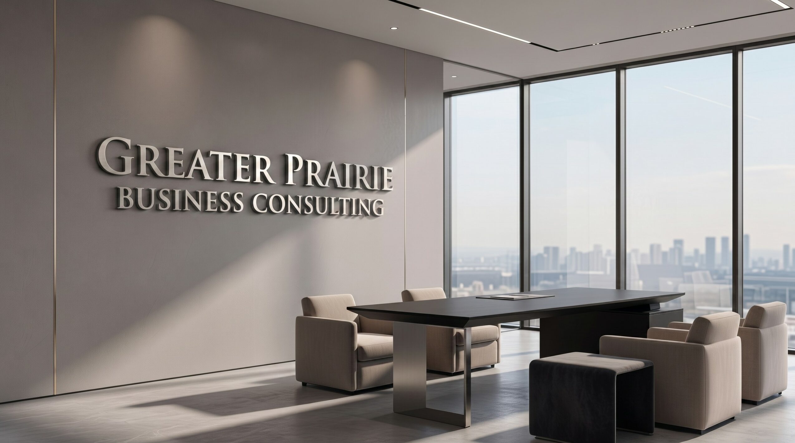 Modern office conference room with a large window, a table, and chairs, and a sign reading 'Greater Prairie Business Consulting'.