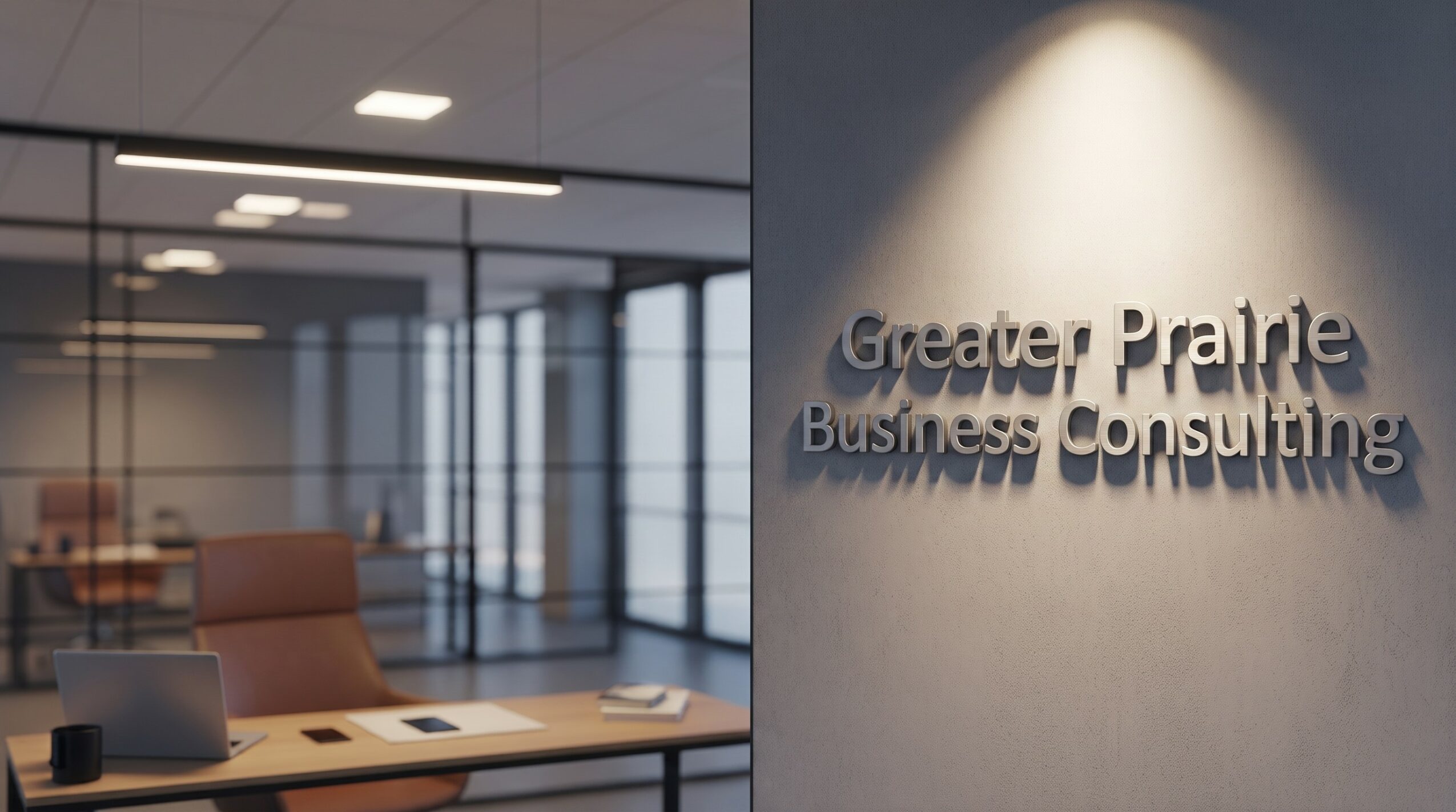 Office conference room with a desk, chairs, and a laptop, with a glass wall and a sign reading 'Greaver Prairle Business Consulting'.