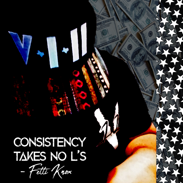 Person wearing a black hoodie with colorful text, surrounded by money and star patterns, with a quote about consistency.