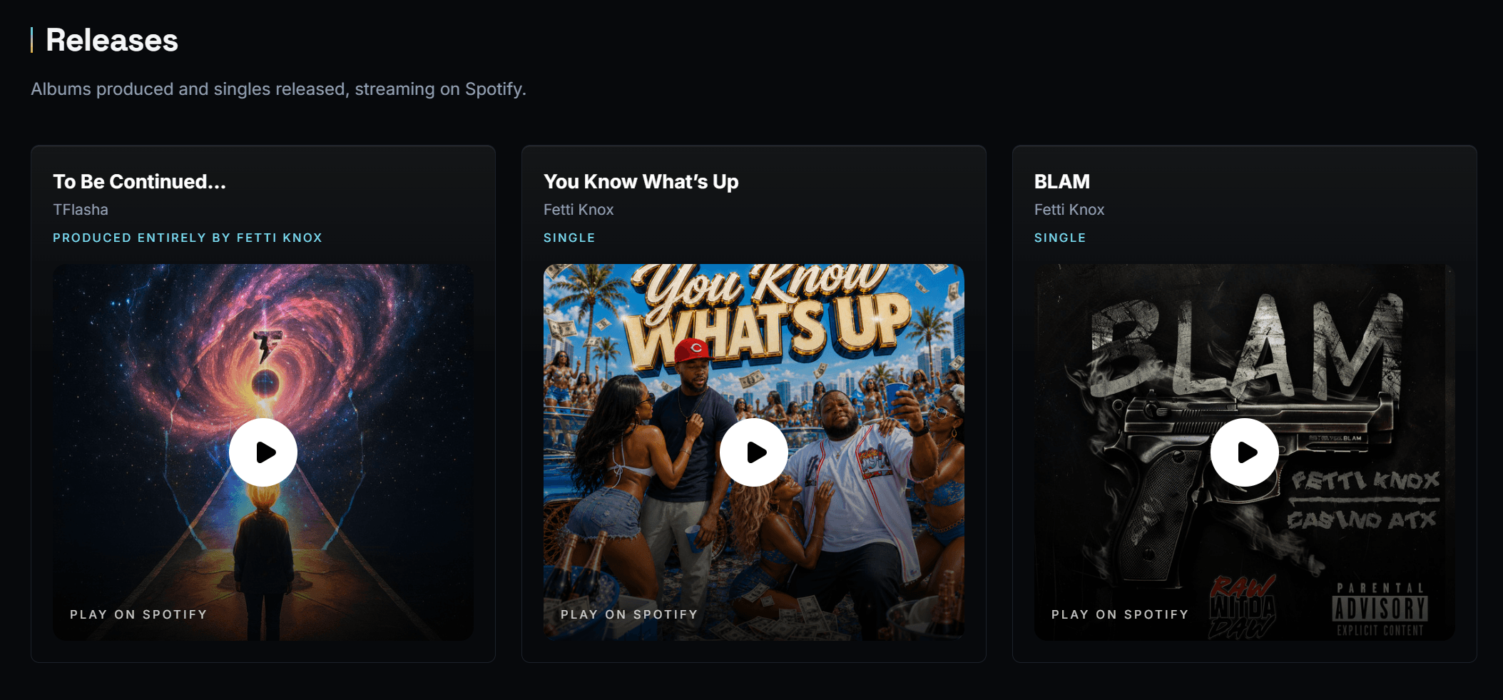 Three music release thumbnails: a galaxy scene, a group of people, and a black and white text image.