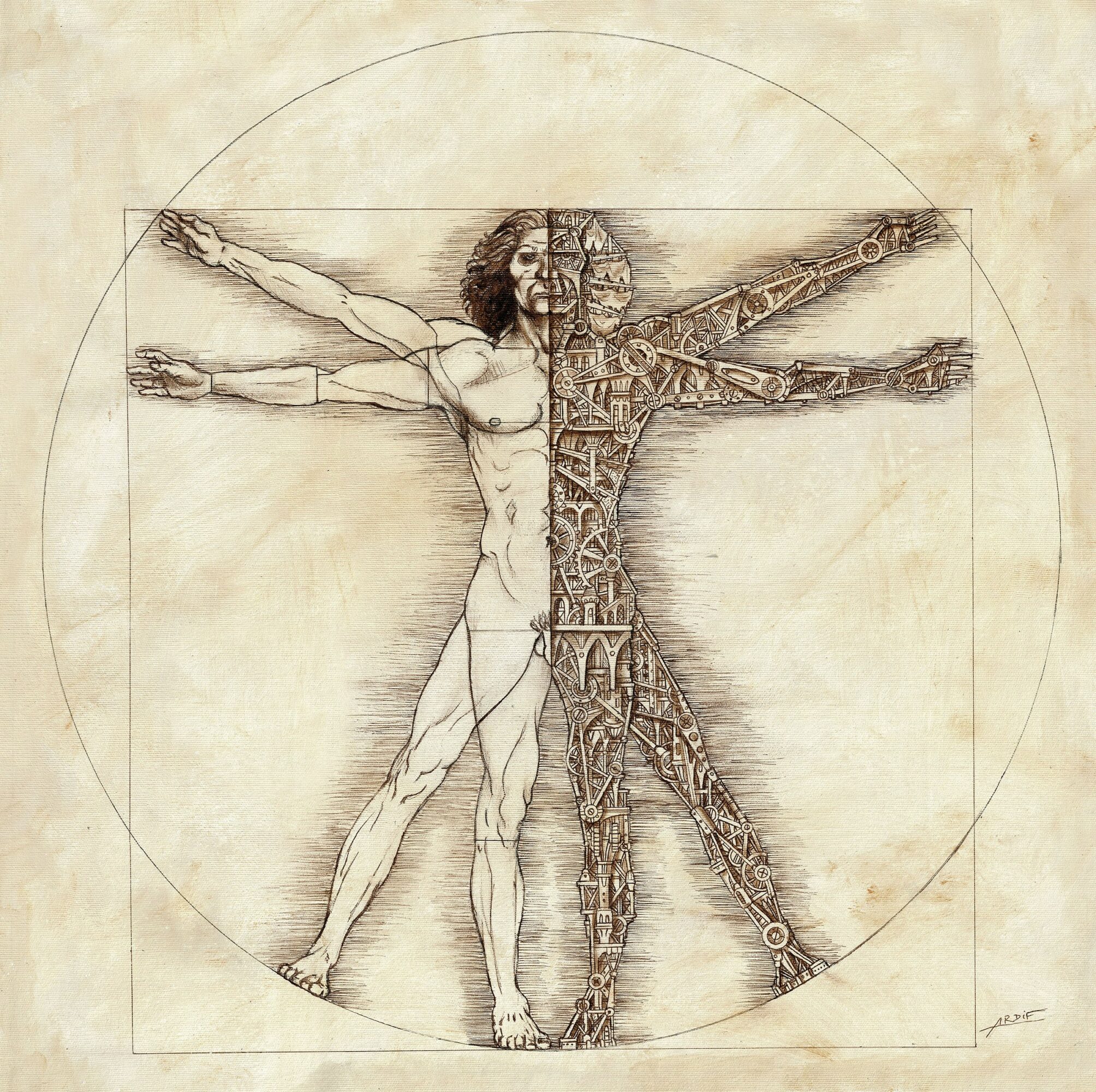 Drawing of a human figure with one side detailed with mechanical parts, in a Vitruvian style, on aged paper.