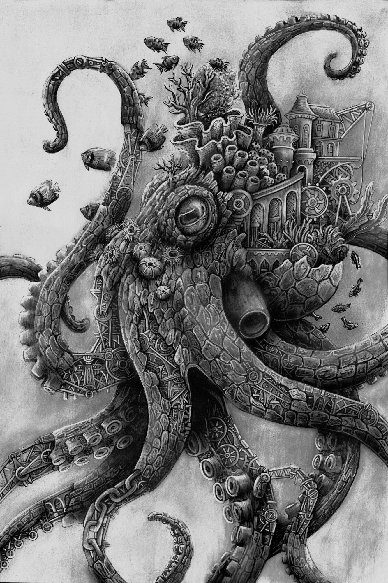 Octopus with detailed textures surrounded by fish, coral, and underwater elements, blending with a shipwreck scene.