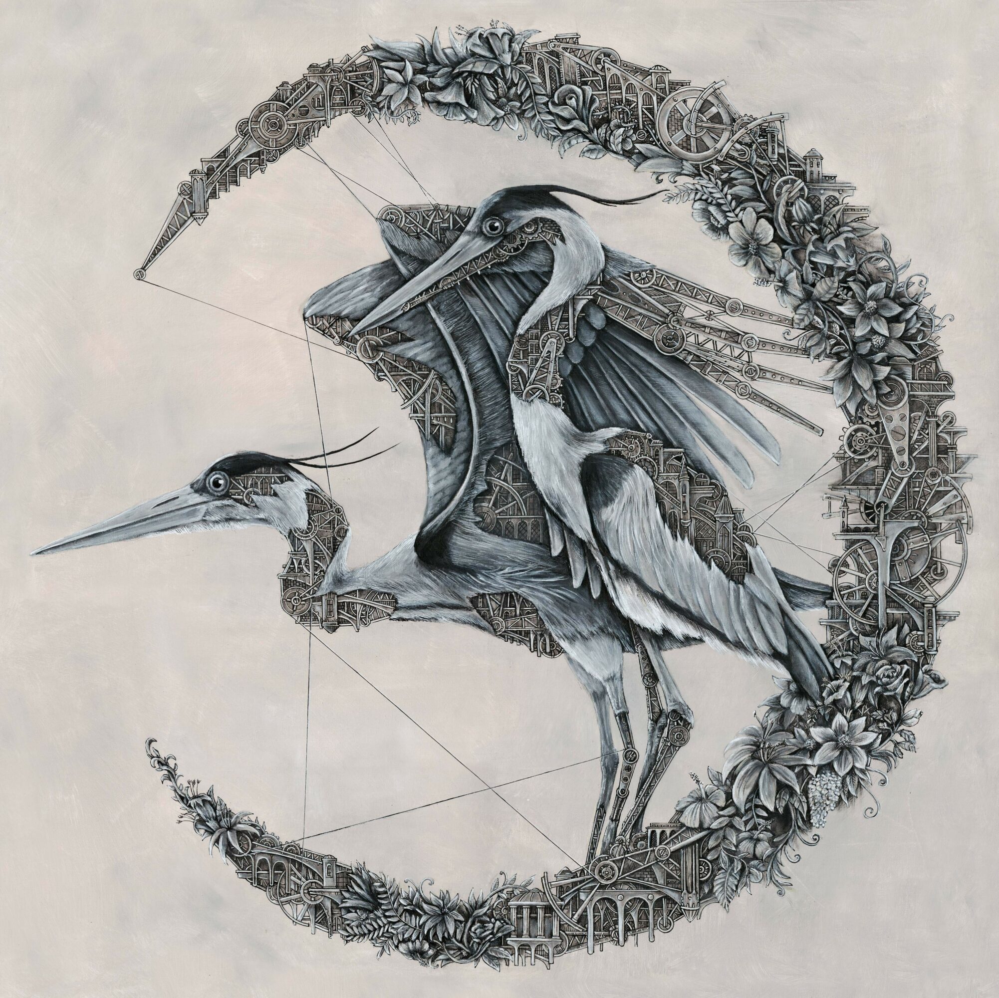 Detailed drawing of two herons surrounded by a circular frame of mechanical and natural elements.