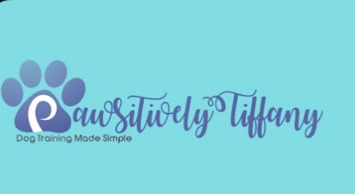 Logo with a paw print and text reading 'Saturately Tiffany' and 'Dog Training Made Simple' on a blue background.