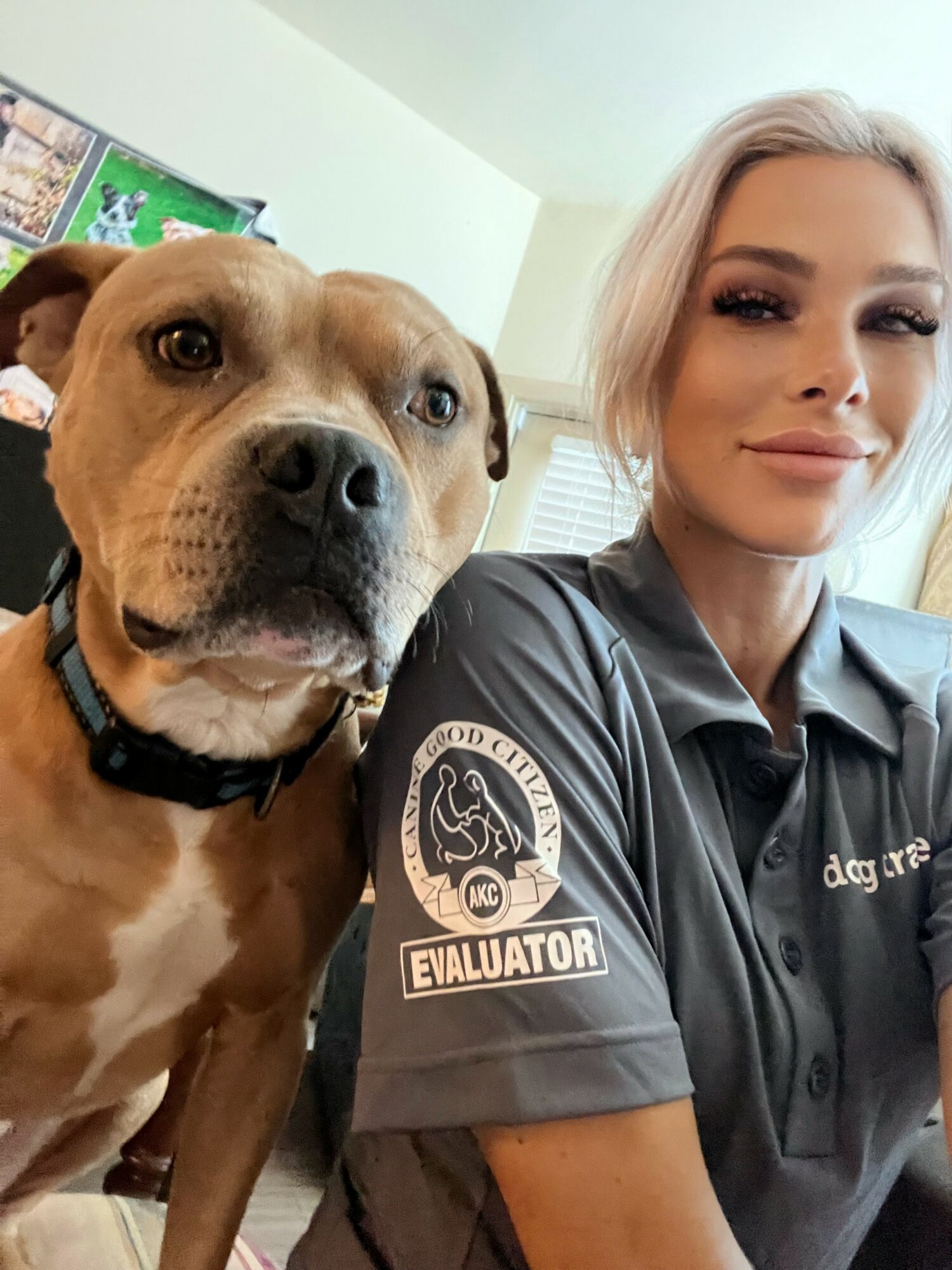 A woman in a uniform with a patch that says evaluator, smiling next to a large brown dog with a black collar.