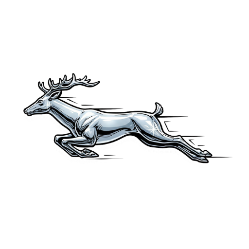 Silver deer sculpture running on black background, detailed and shiny, with antlers and muscular body.