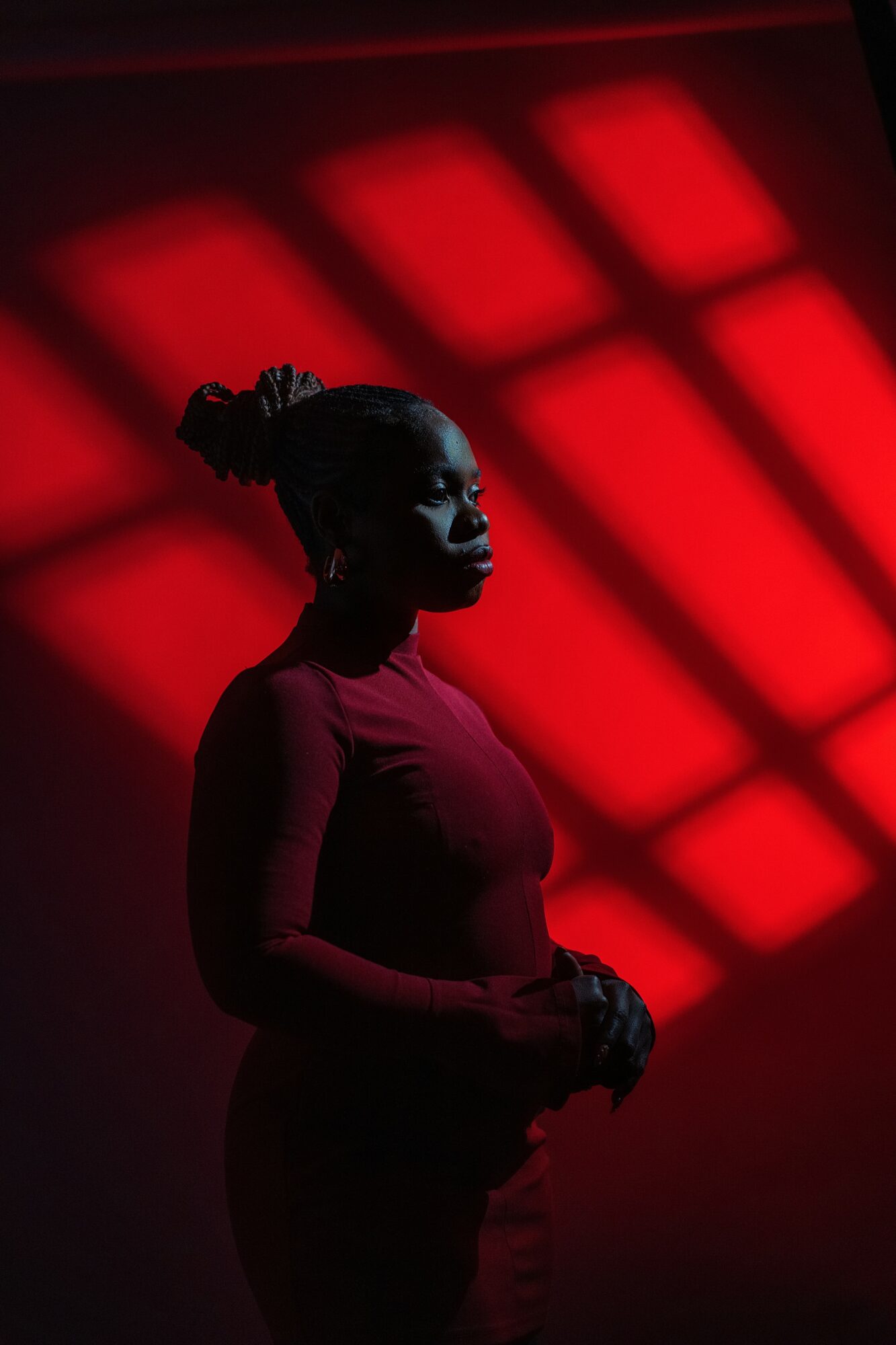 Silhouette of a woman with a bun hairstyle, standing against a red grid-patterned background.