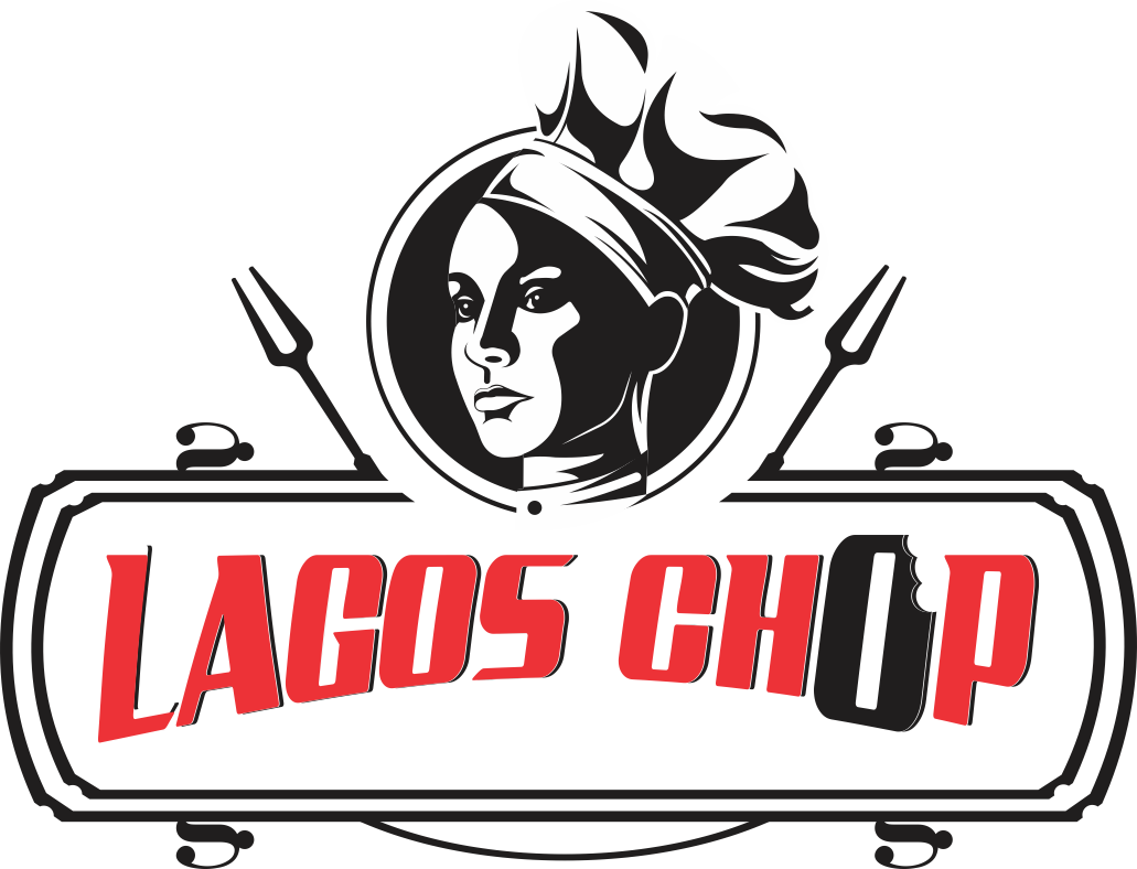 Logo with a woman's face wearing a chef's hat, with text 'Lagos Chop' in red below, on a black background.