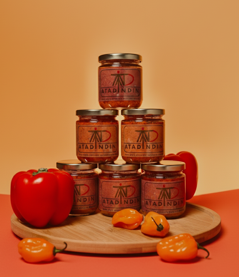 Six jars of red sauce on a wooden board, with red bell peppers and orange peppers, against a beige background.