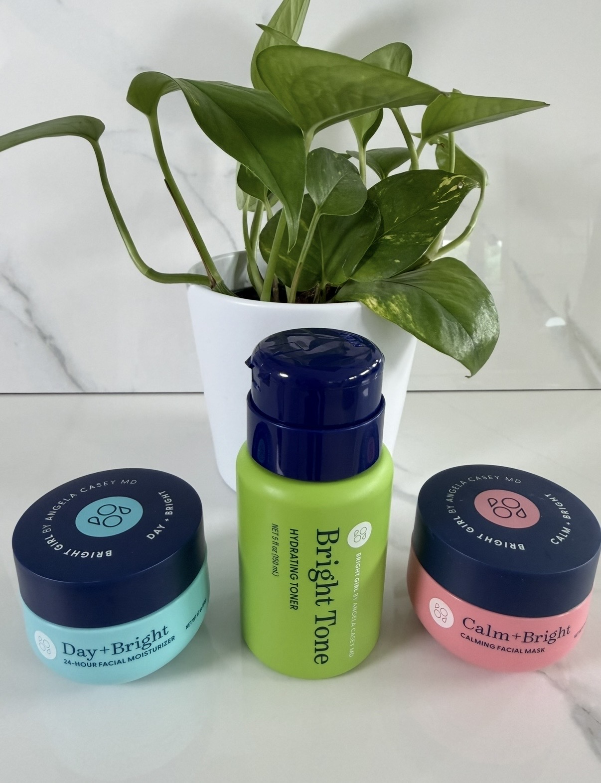 Green plant in white pot with three skincare products on a white surface.