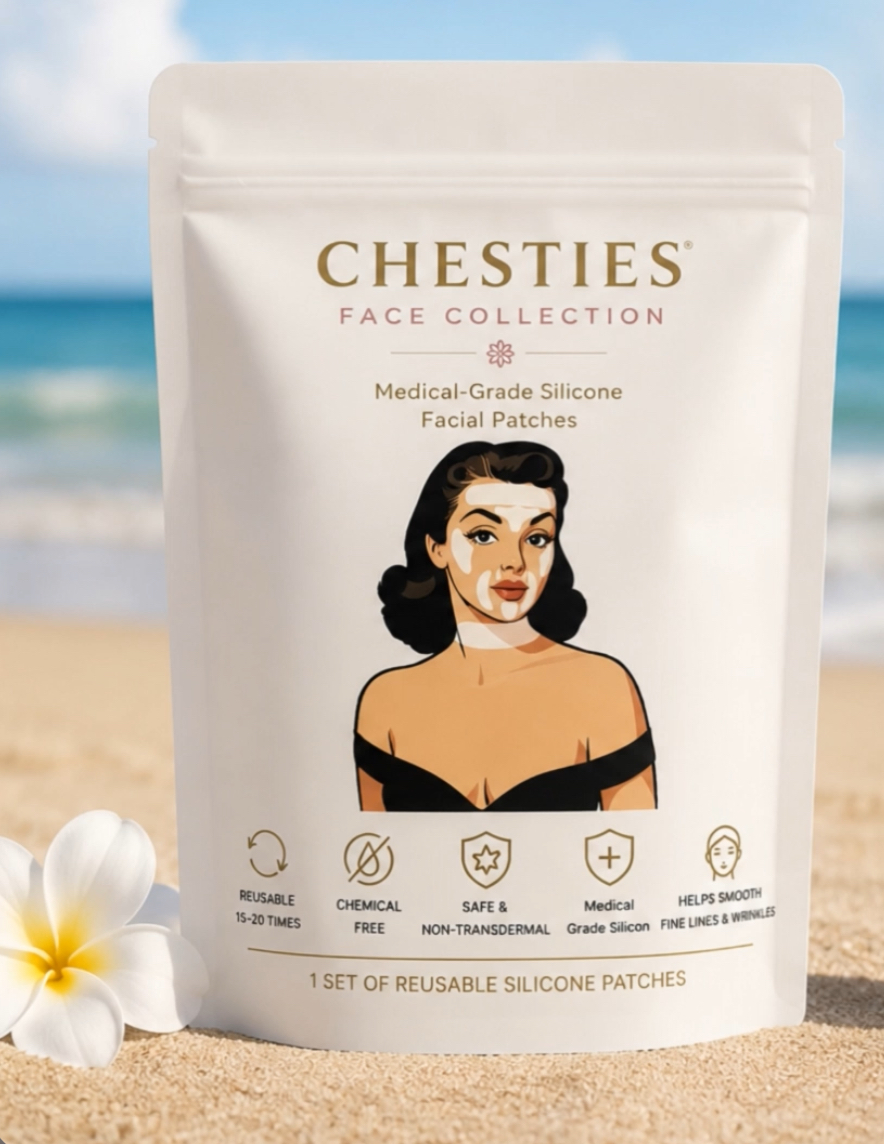 Package of Chesties face patches with an illustration of a woman, on a beach with sand and a flower, blue sky in background.