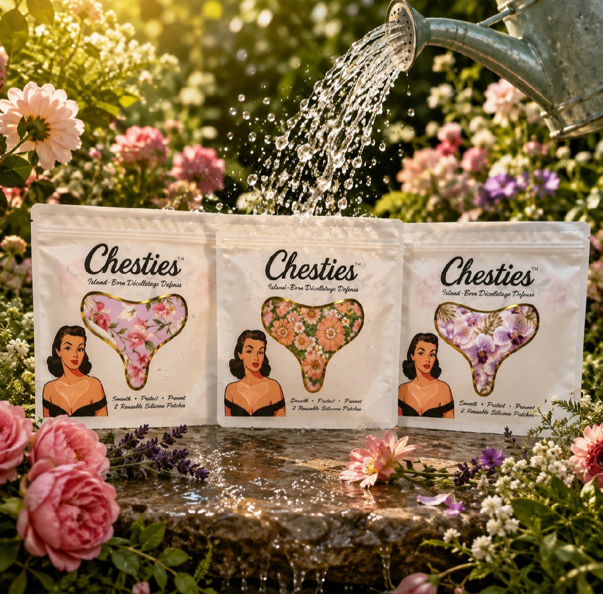 Three packages of chesties with floral designs and a woman illustration, placed among pink and purple flowers, with water pouring from a watering can above.