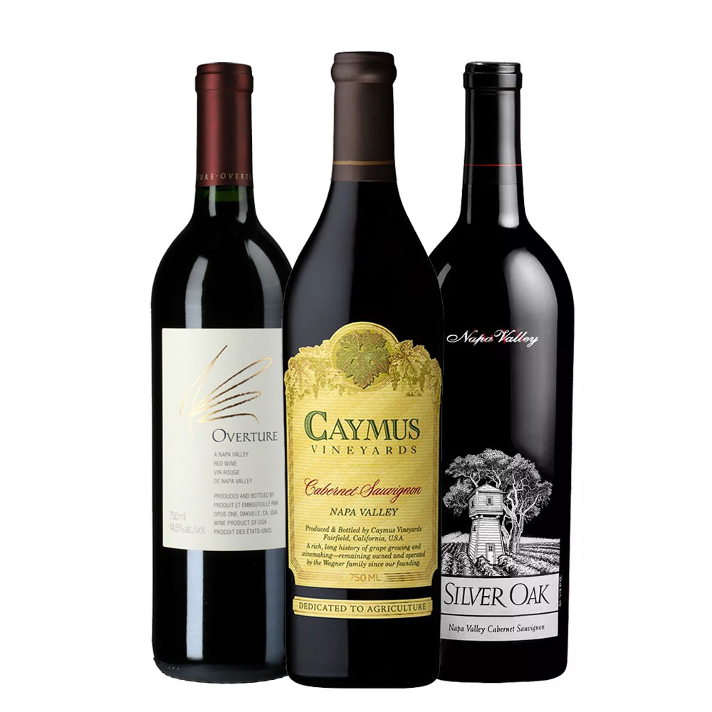 Three wine bottles standing upright, with labels visible, on a white background.