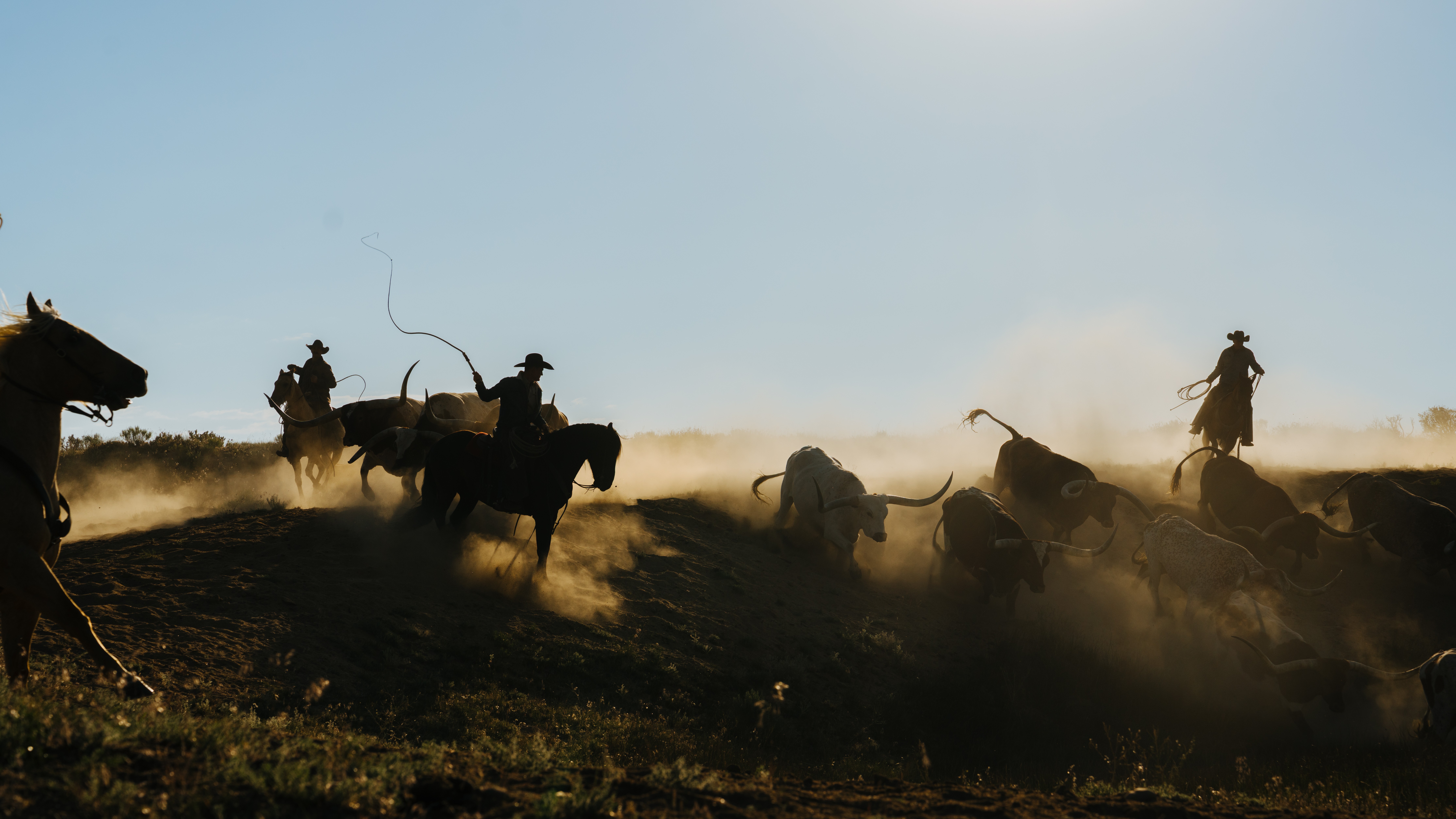 Silhouettes of people and animals moving across a dusty landscape with a clear sky.