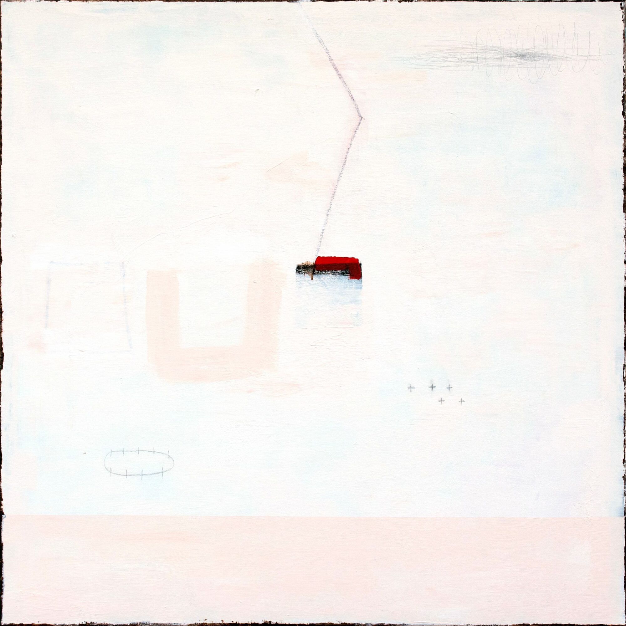 Abstract artwork with a white background, a small red and black shape, and faint lines, minimal details.