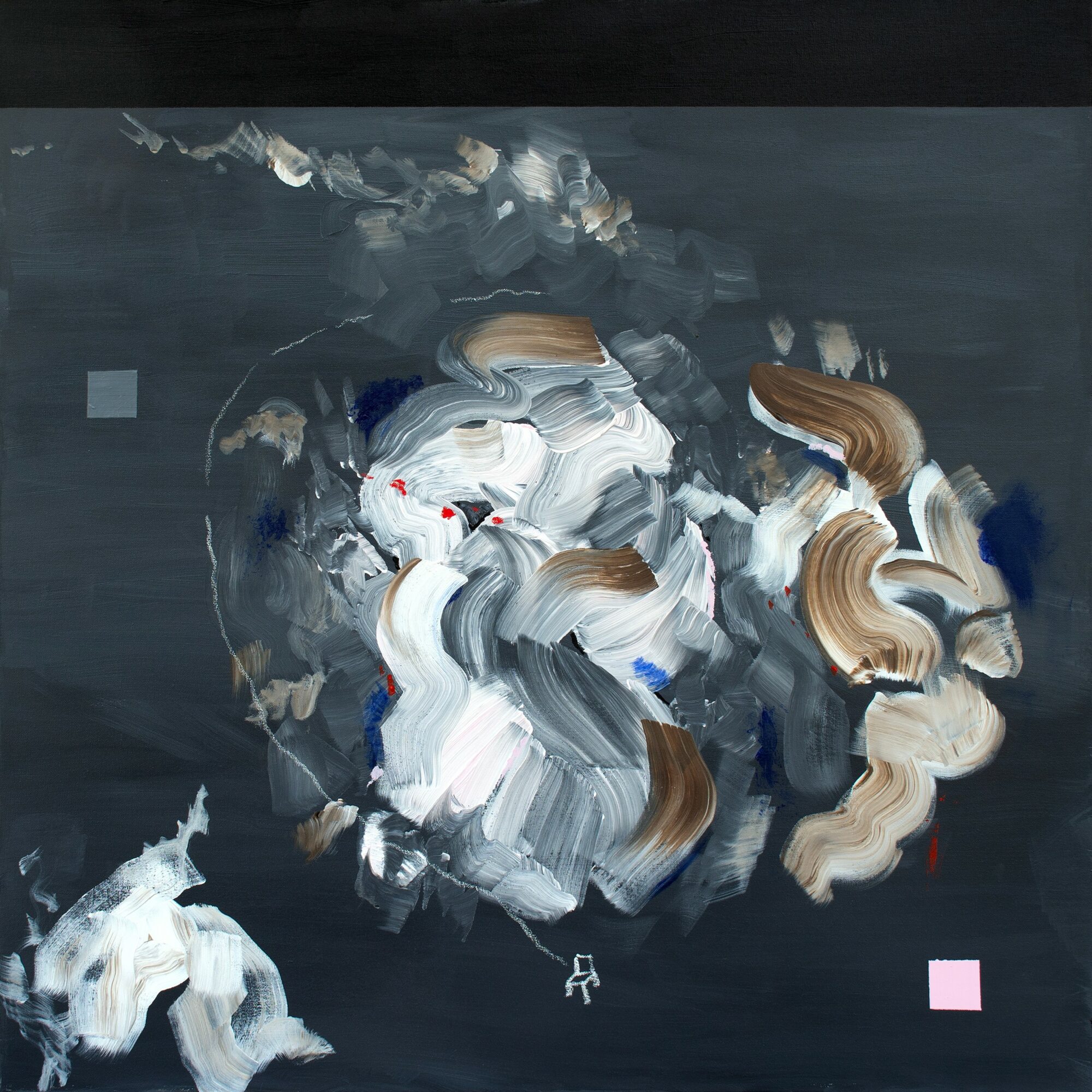 Abstract painting with swirling white, brown, and blue brushstrokes on a dark background, resembling a face or figure.