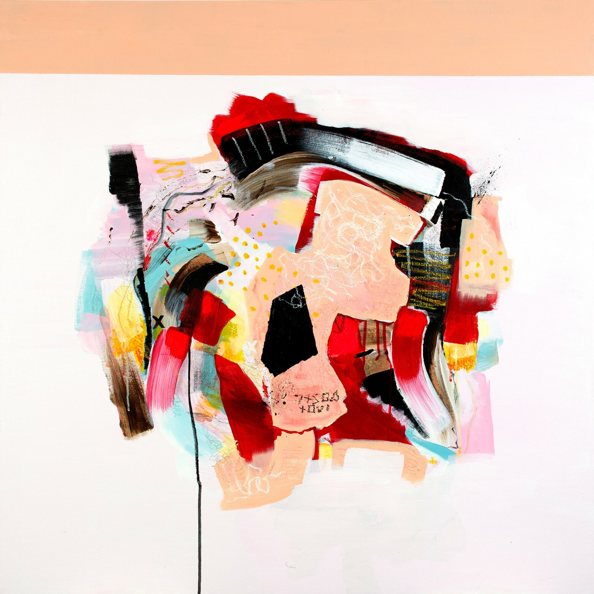 Abstract colorful collage with various shapes and textures on a white background.
