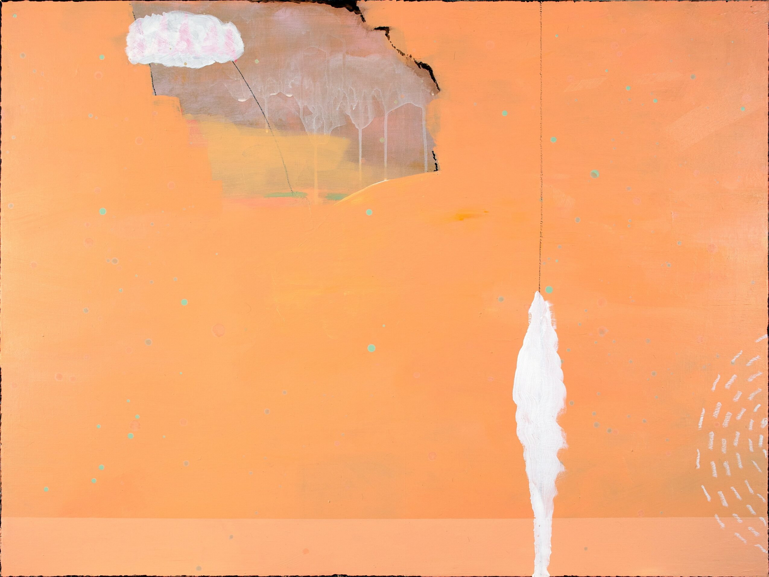 A damaged orange wall with a torn section revealing underlying material, and a small cloud in the top left corner.
