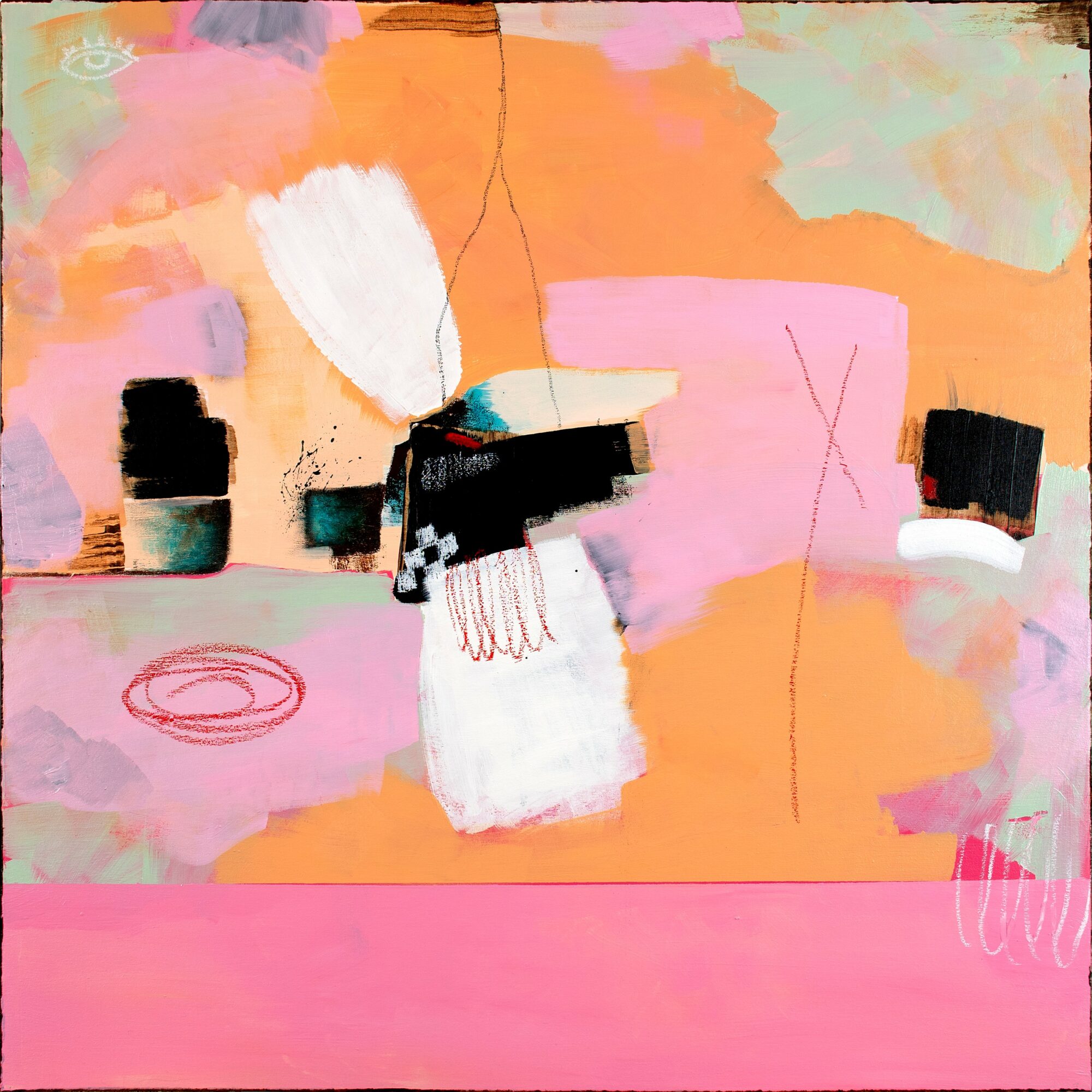 Abstract painting with pink, orange, black, white, and pastel colors, featuring various shapes and brushstrokes.