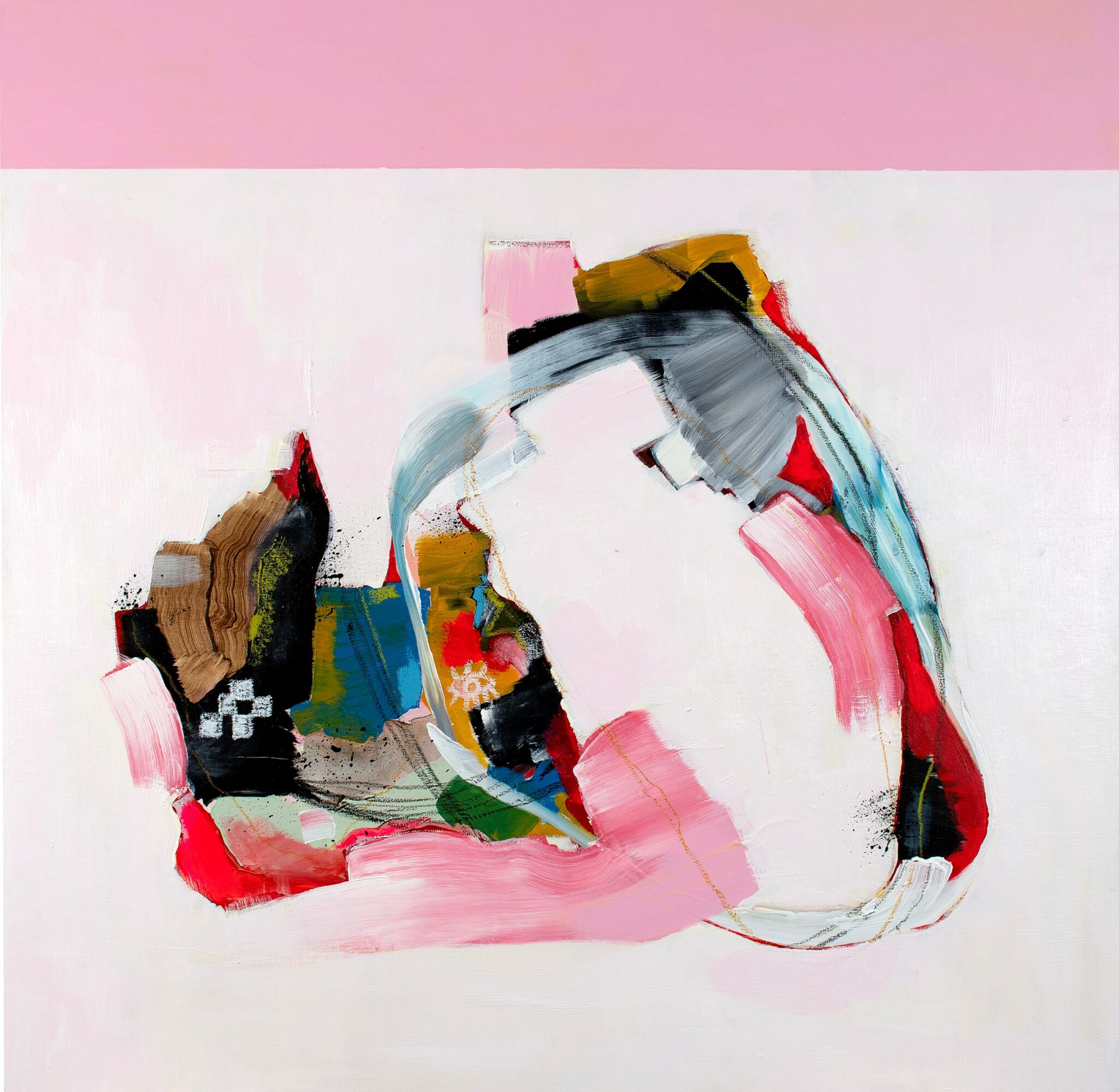 Abstract painting with pink, white, black, red, blue, yellow, and brown brushstrokes on a pink and white background.