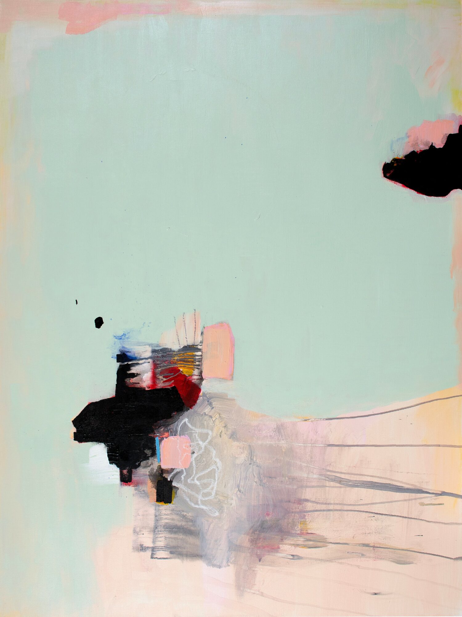 Abstract painting with light blue background, black, pink, and red shapes, and faint lines, no clear subject.
