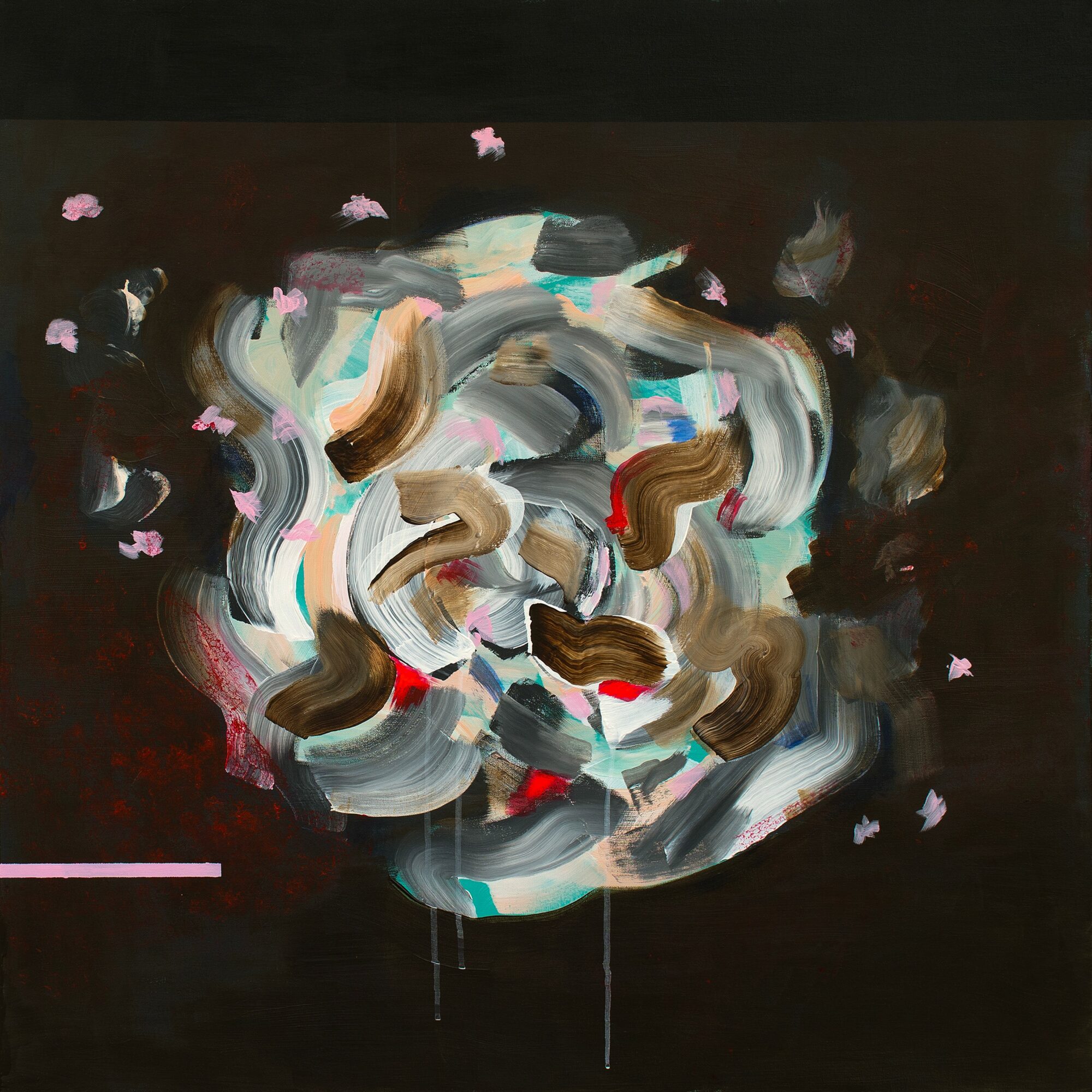 Abstract painting with swirling brushstrokes and small pink accents on a dark background.