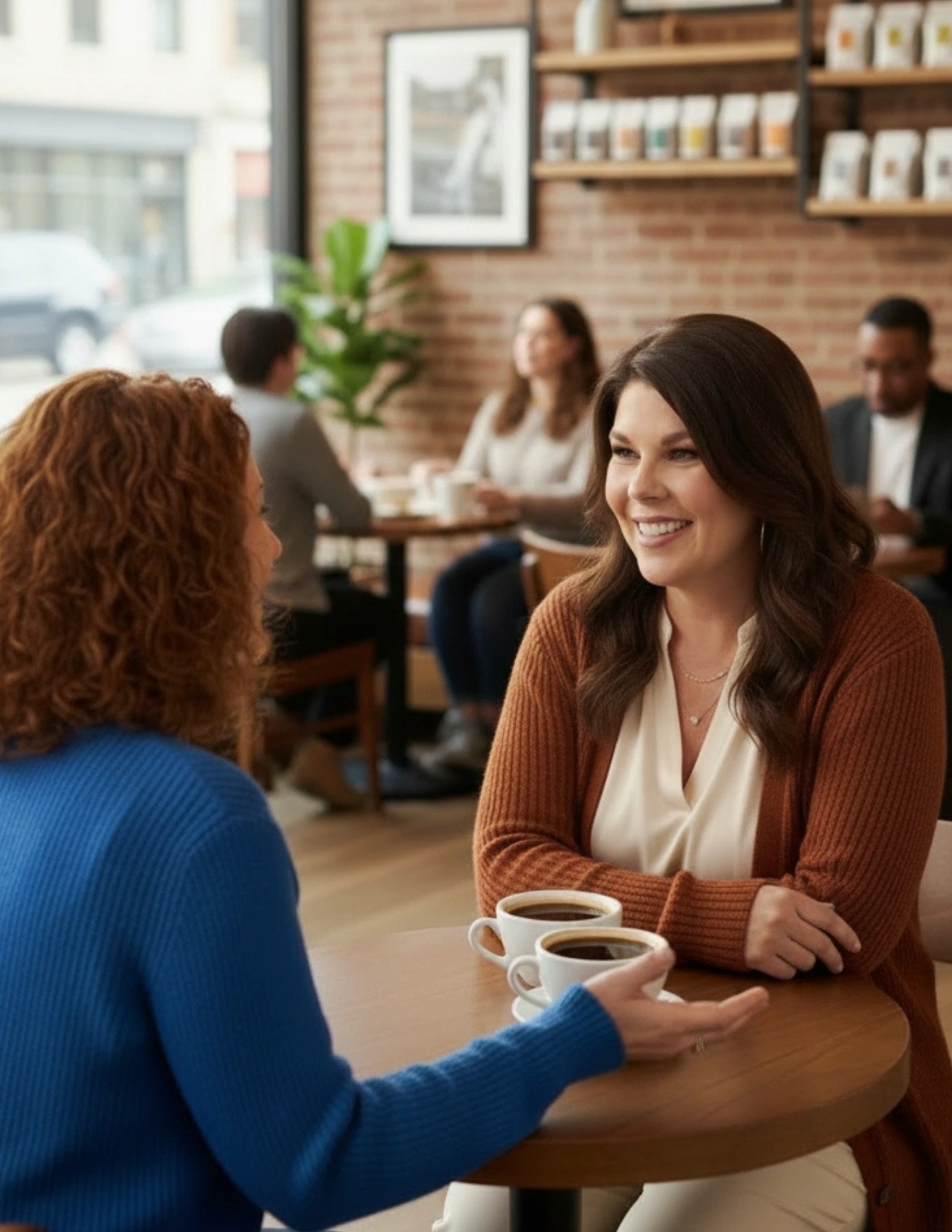 Two women sit at a table in a coffee shop, smiling and talking, with other customers in the background.