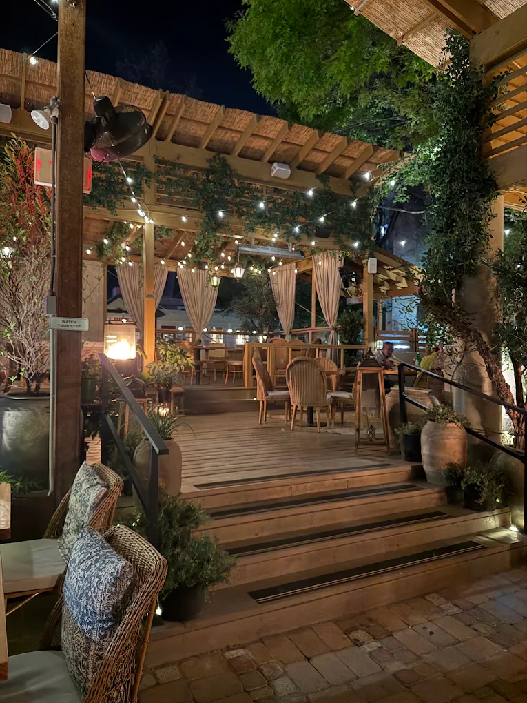 Outdoor dining area with wooden furniture, string lights, curtains, and trees at night, creating a cozy atmosphere.