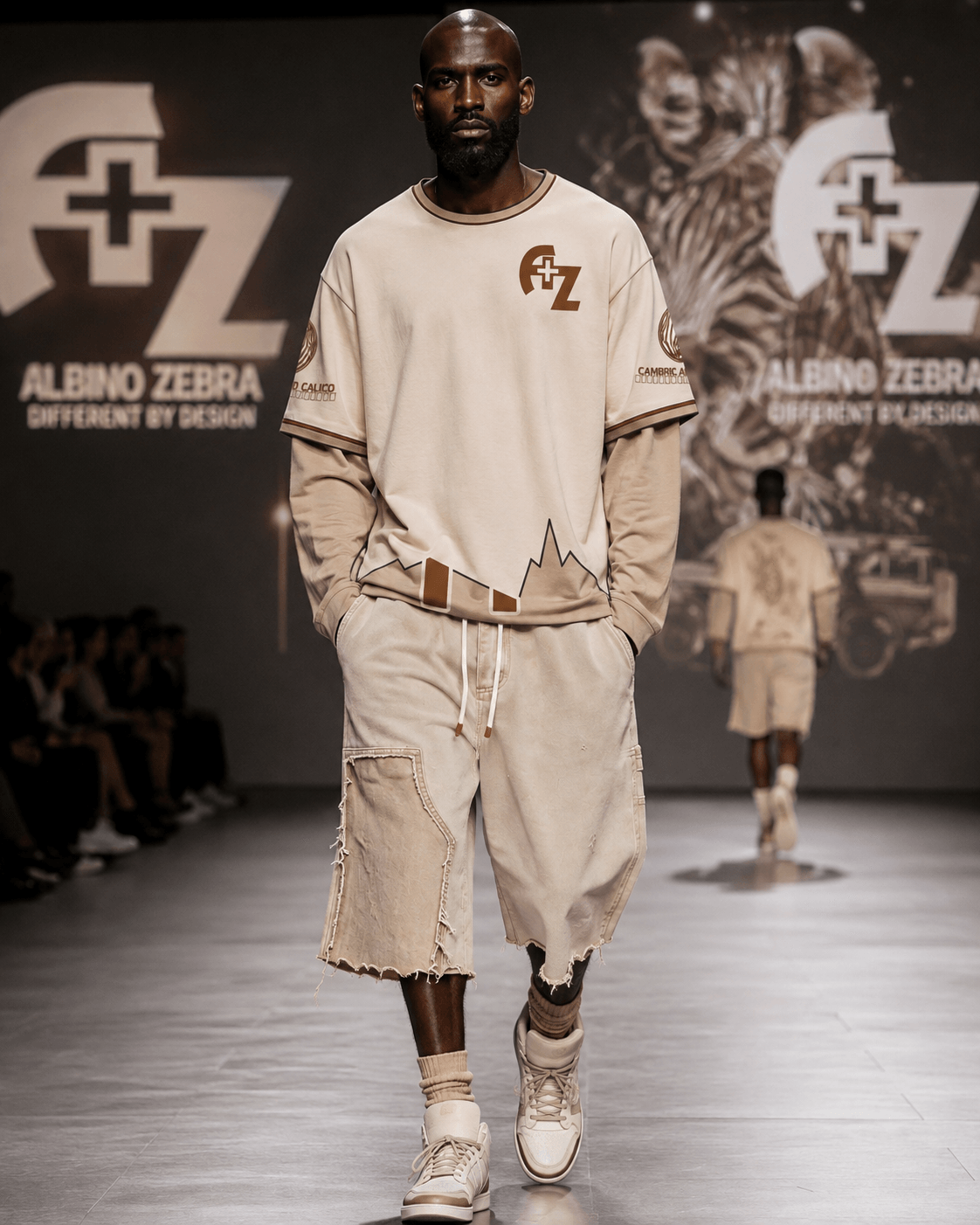 Male model walking on runway wearing beige oversized sweatshirt and shorts, with logo and text, in front of a backdrop with branding.