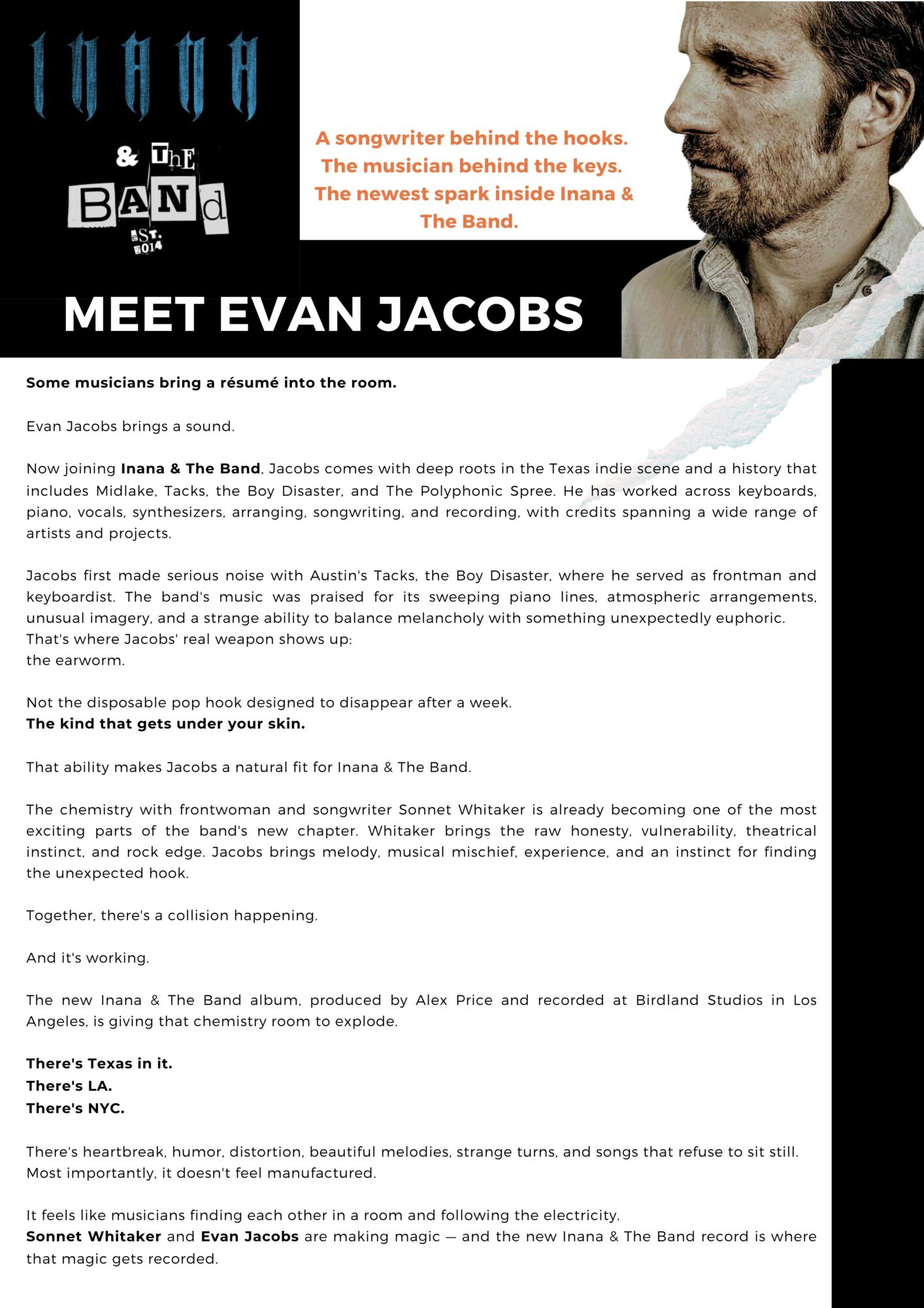 Promotional poster for Evan Jacobs, featuring his name, a photo of him, and text about his music career and background.