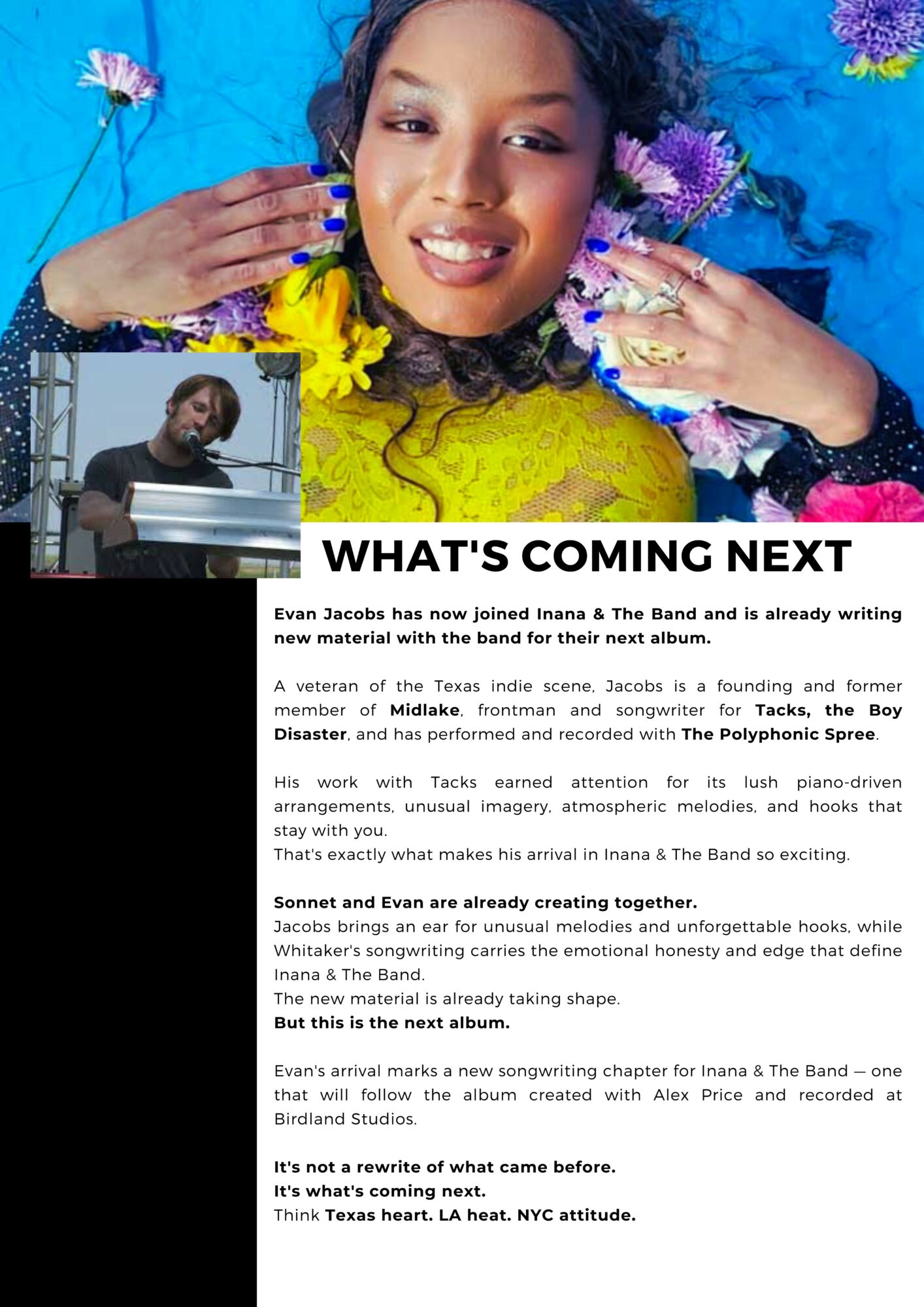 Young woman lying on blue fabric with purple flowers, smiling, wearing yellow top, hands near face, with text overlay about upcoming music event.