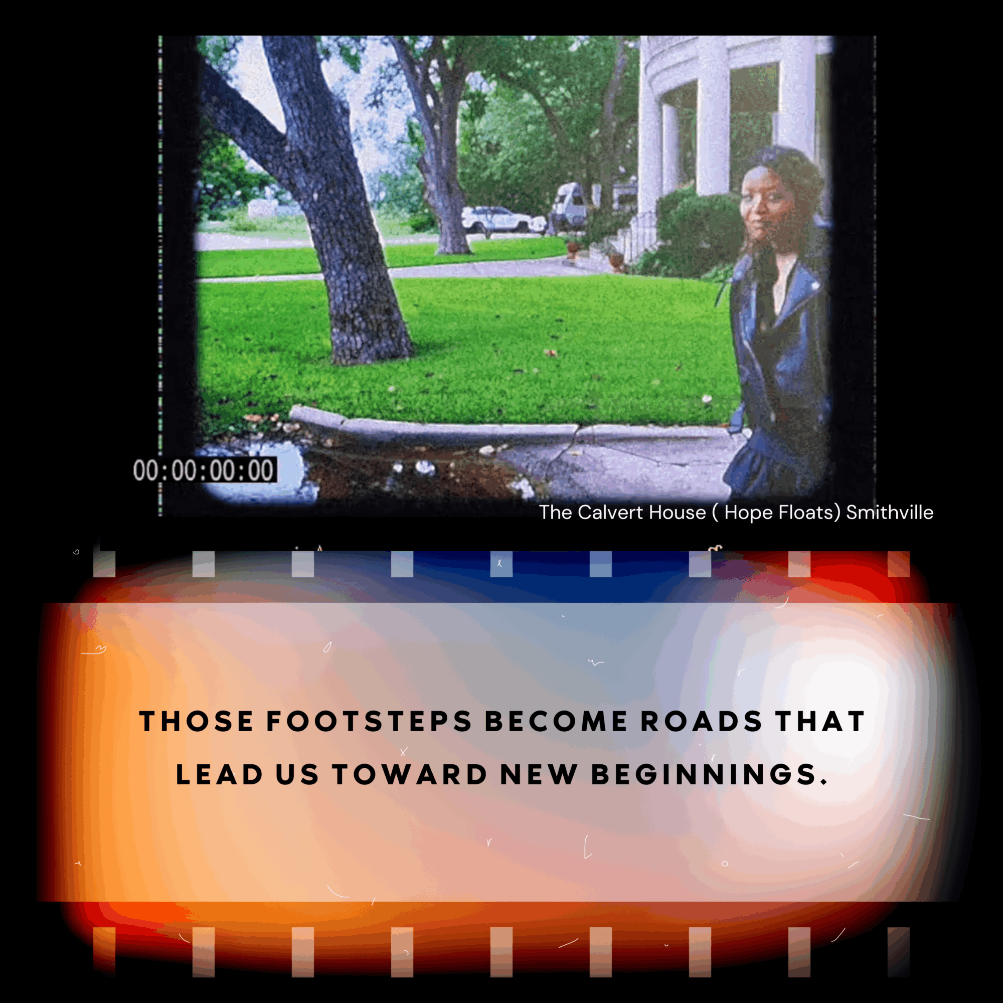 Person standing outdoors near a tree and building, with a quote about new beginnings.
