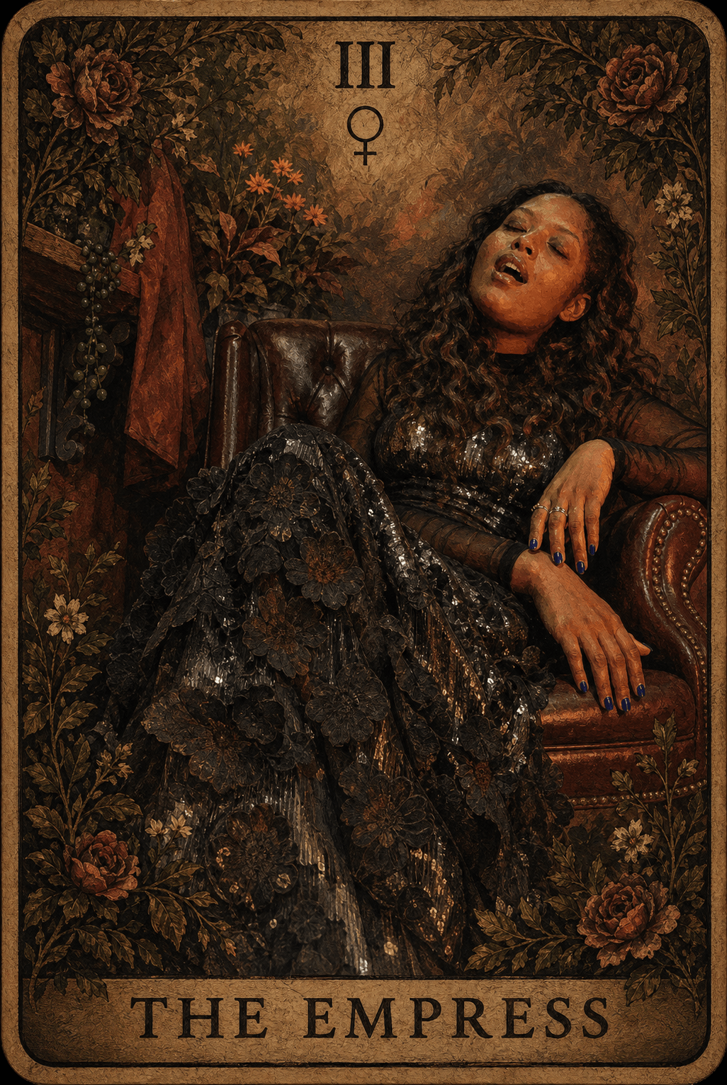 Woman with long curly hair in a black dress reclining on a vintage sofa with floral background, titled 'The Empress'.