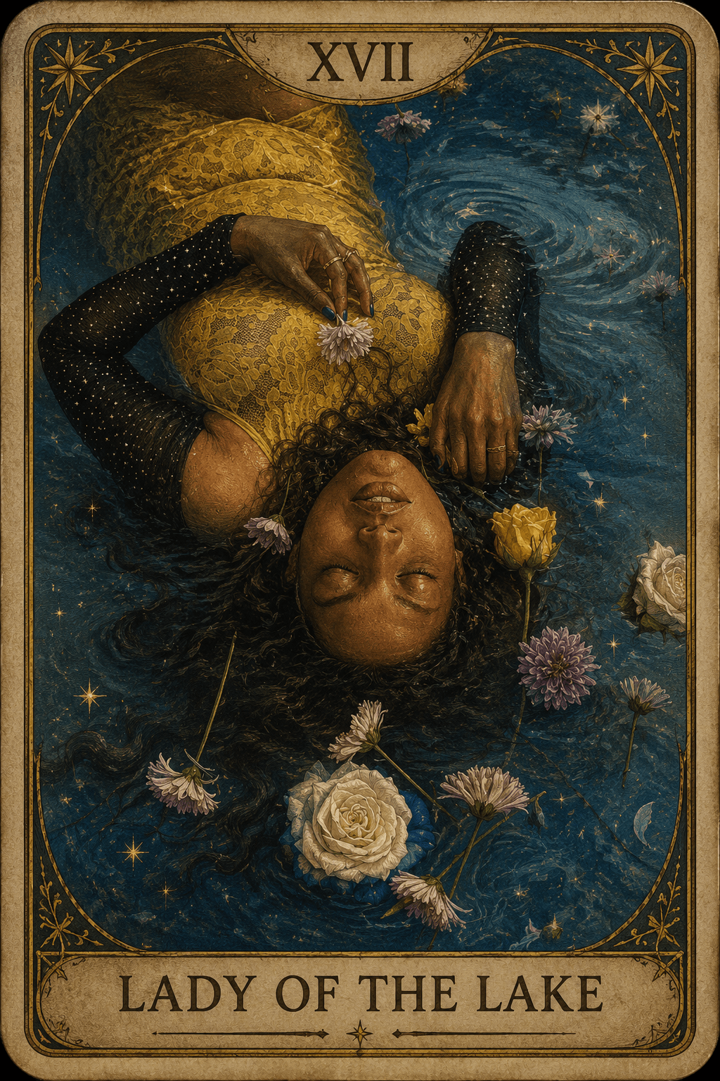 Woman with closed eyes lying in water surrounded by flowers, holding a star-shaped object, with a starry sky background.