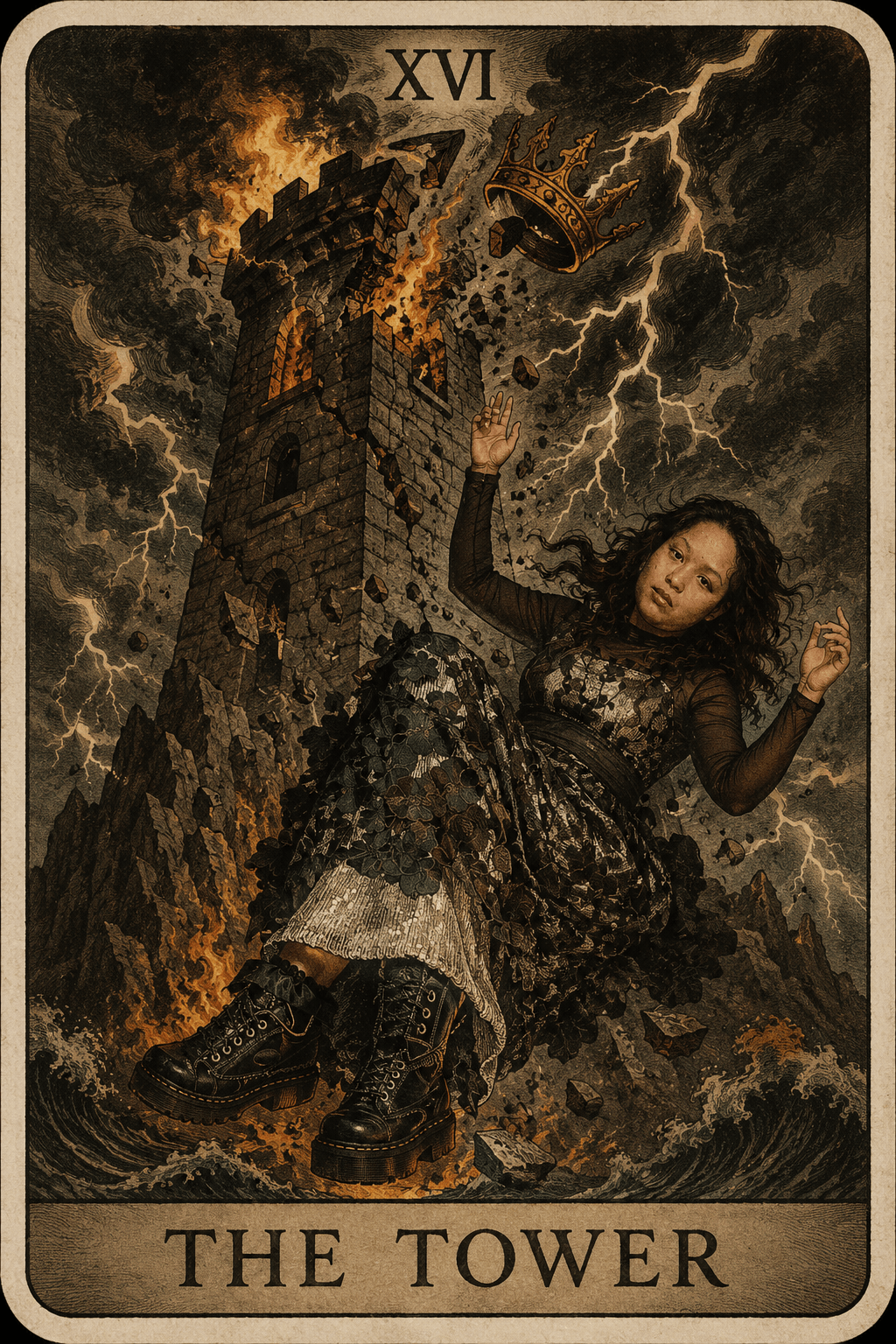 A woman in dark clothing falling from a tower during a storm with lightning, flames, and a flying object overhead.