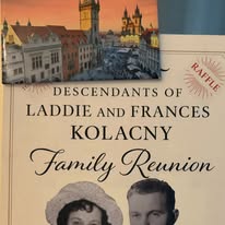 Book cover titled 'Family Reunion' by descendants of Laddie and Frances Kolacny, with a cityscape at sunset at the top.