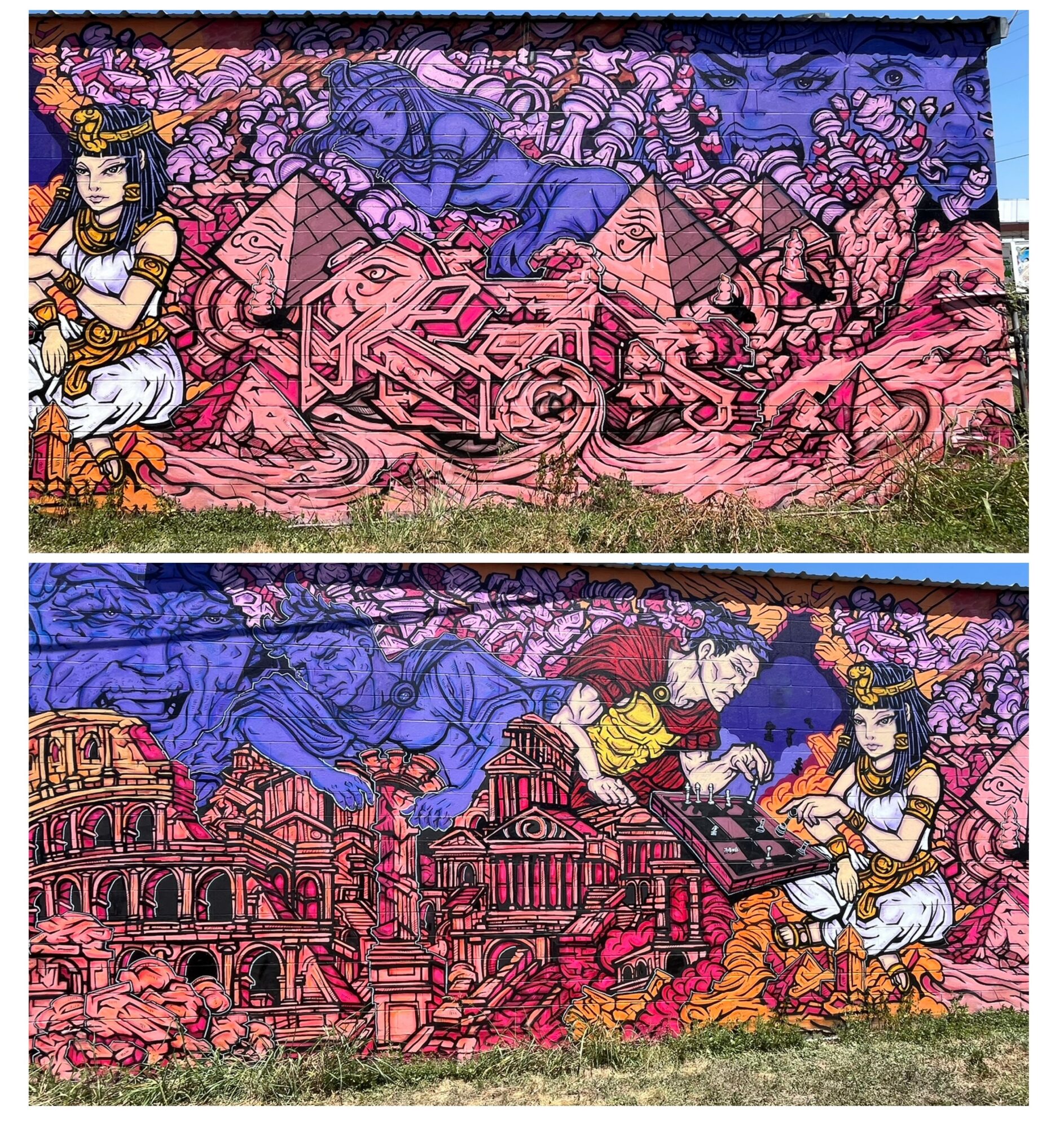 Two murals depict ancient ruins and figures in traditional attire, with vibrant colors and detailed backgrounds, on a wall outdoors.