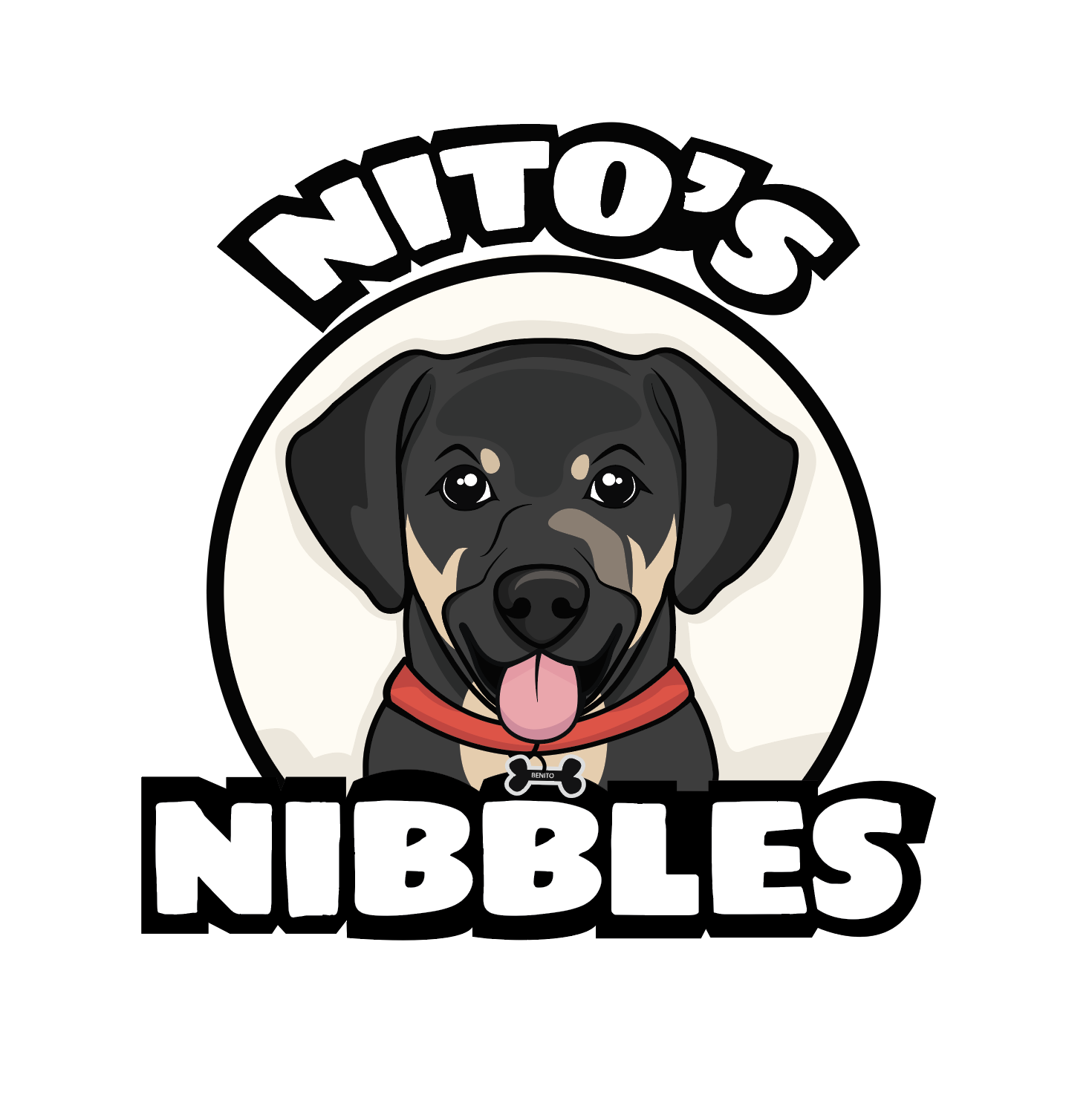 Cartoon dog with black and tan fur, red collar, tongue out, surrounded by text 'Nito's Nibbles'.