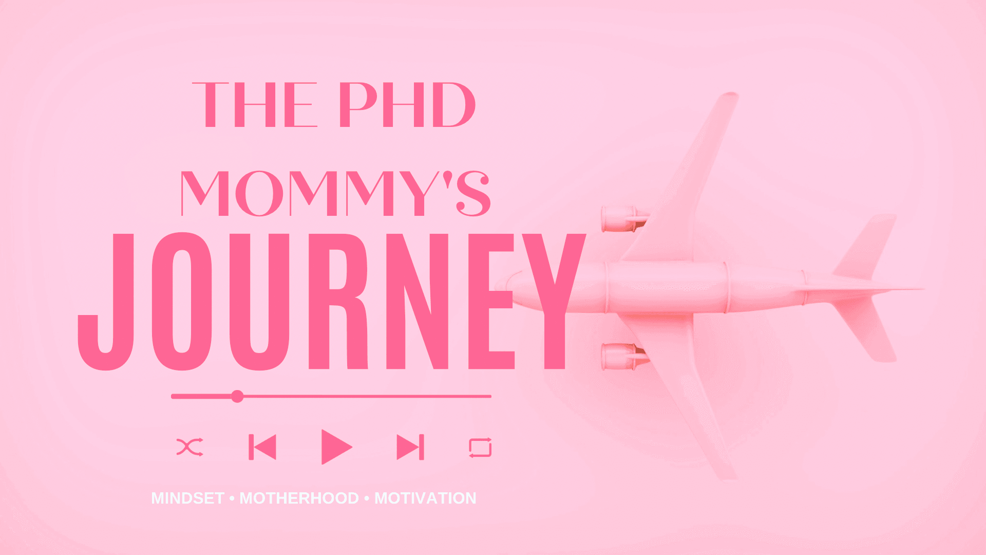 Pink background with airplane silhouette and text about a mother's journey, including icons for media controls.