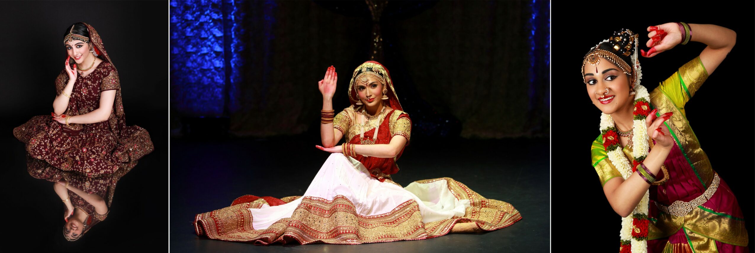 Three images of women in traditional Indian dance costumes performing on stage, with colorful backgrounds and jewelry.