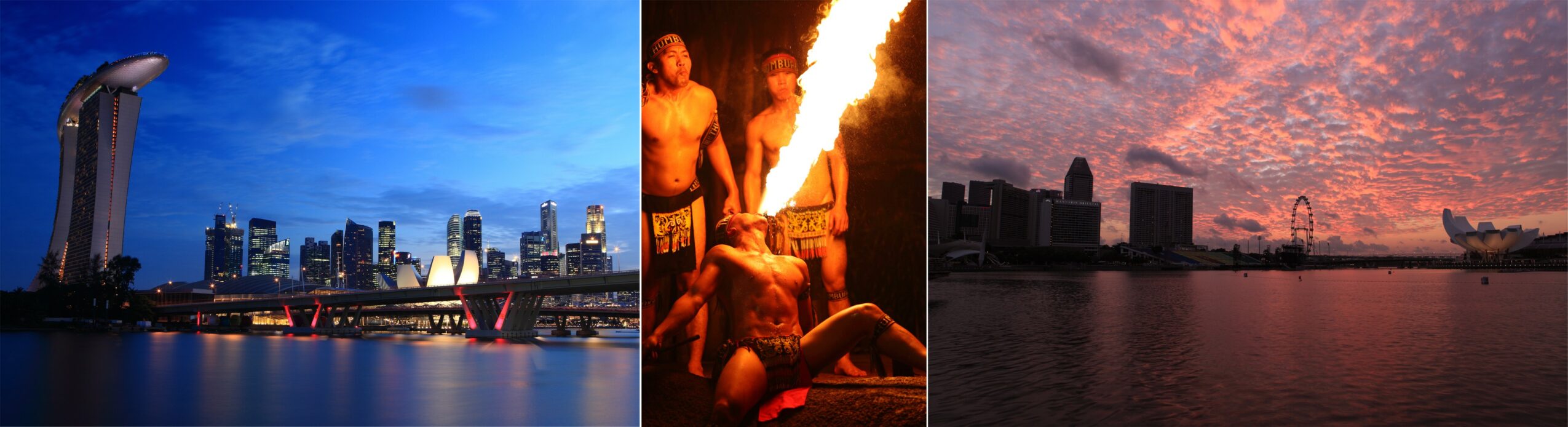 Three images: city skyline at night, fire performer with fire, sunset over water with city silhouette