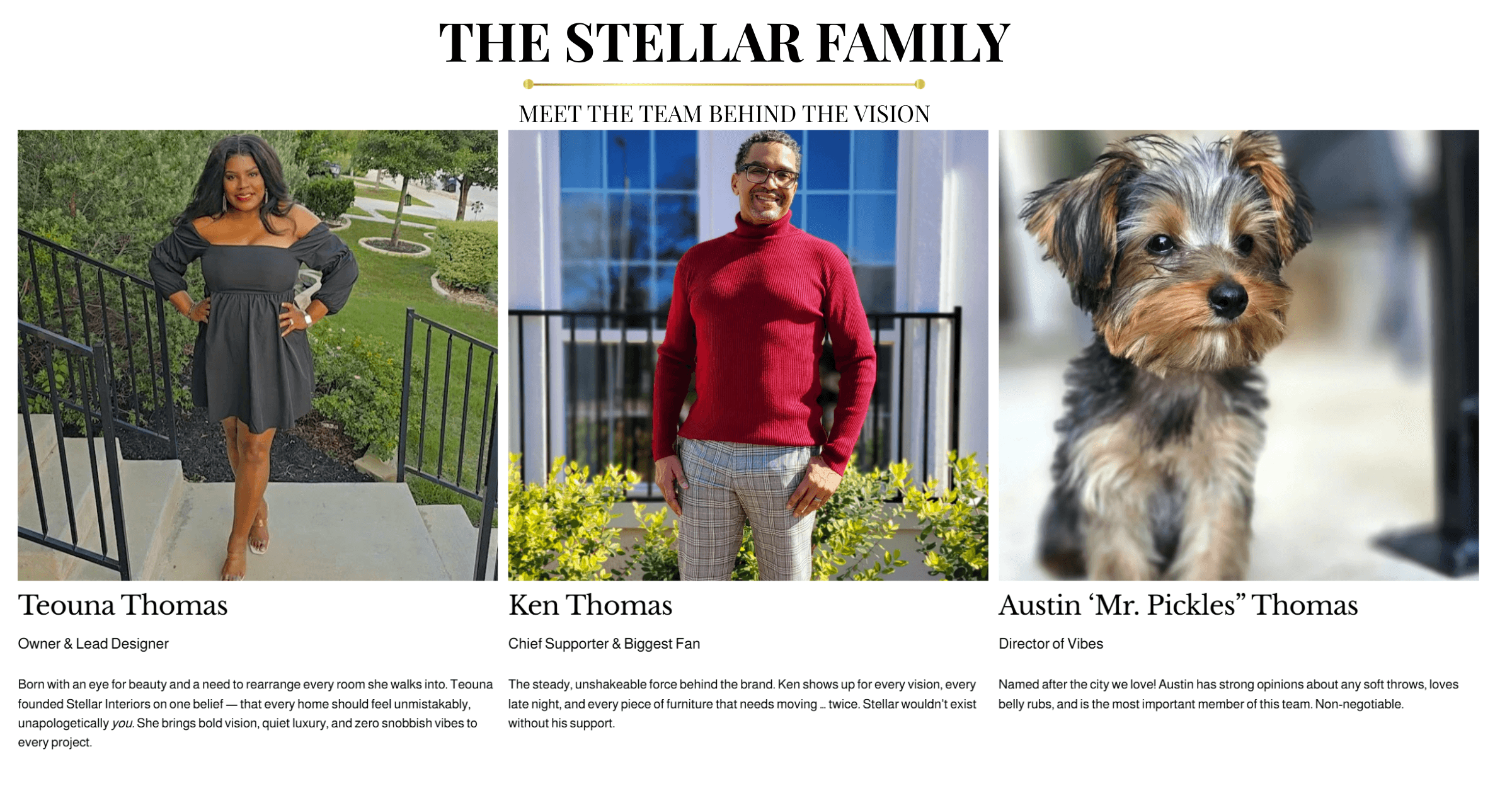 Three people and a dog, with the title 'The Stellar Family' and names Teouna Thomas, Ken Thomas, and Austin 'Mr. Pickles' Thomas.