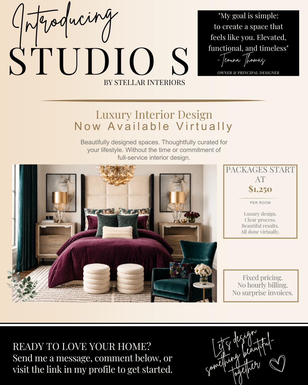 Interior bedroom with bed, pillows, lamps, and furniture, promoting luxury interior design and virtual consultation services.