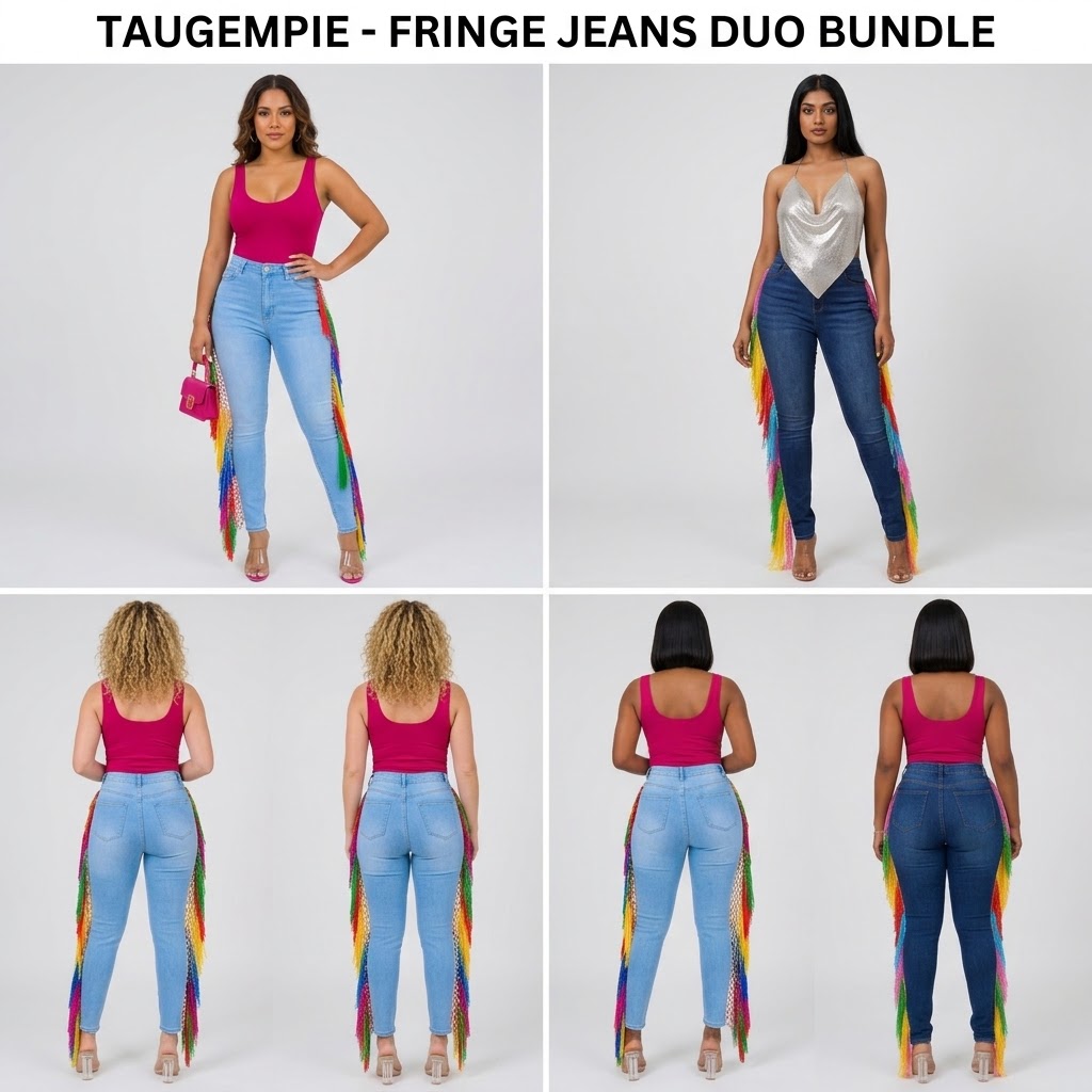Two women wear fringe jeans with rainbow-colored fringe on the sides, shown from front and back, with different tops. Worded text at top.